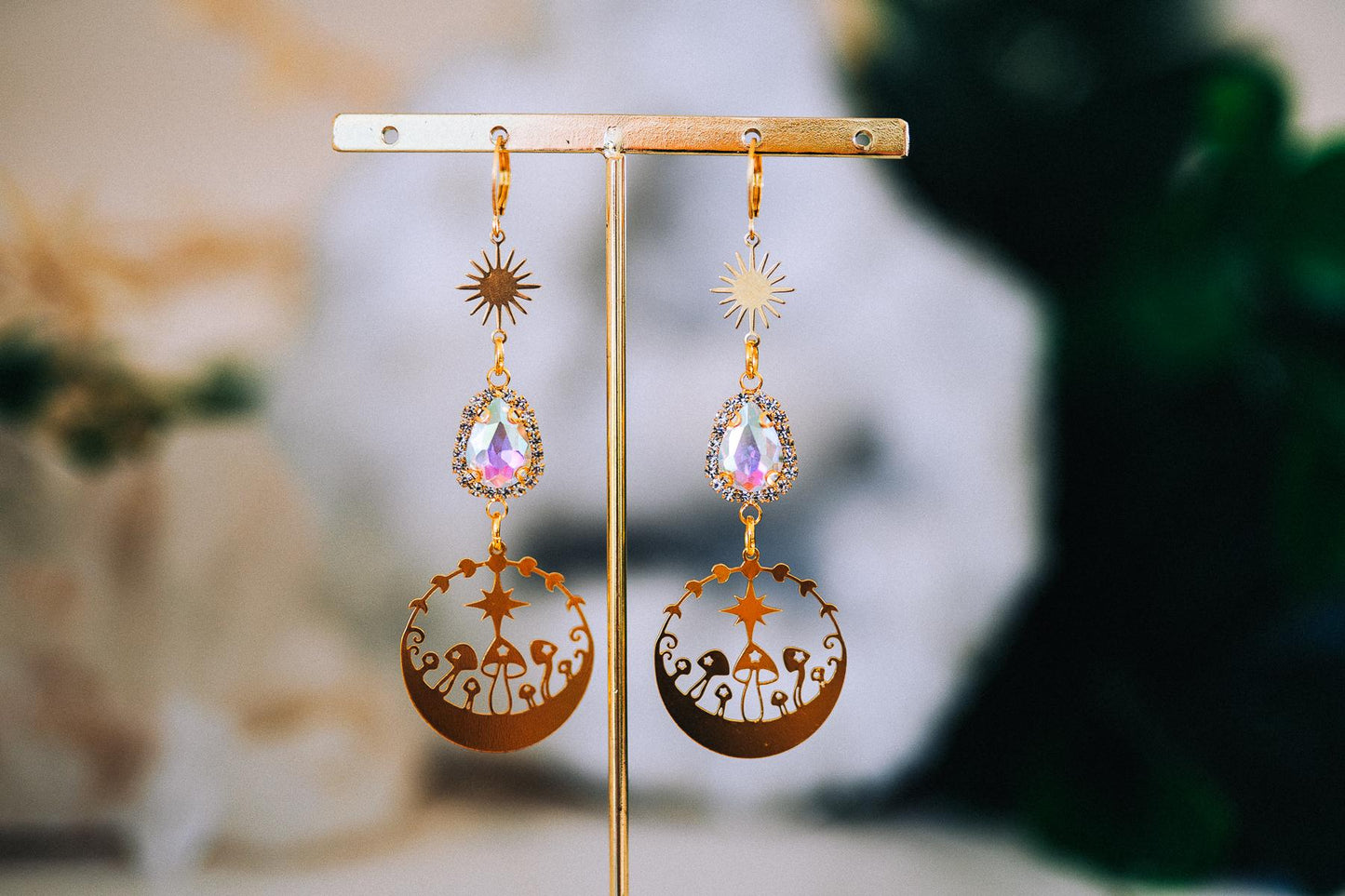Celestial Mushroom Earrings Gold Crystal Jewelry Festival Goddess Earrings Statement Jewelry