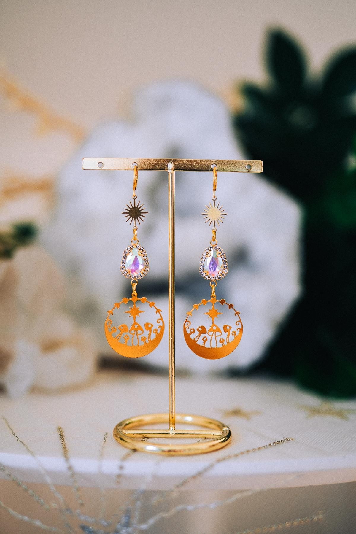 Celestial Mushroom Earrings Gold Crystal Jewelry Festival Goddess Earrings Statement Jewelry