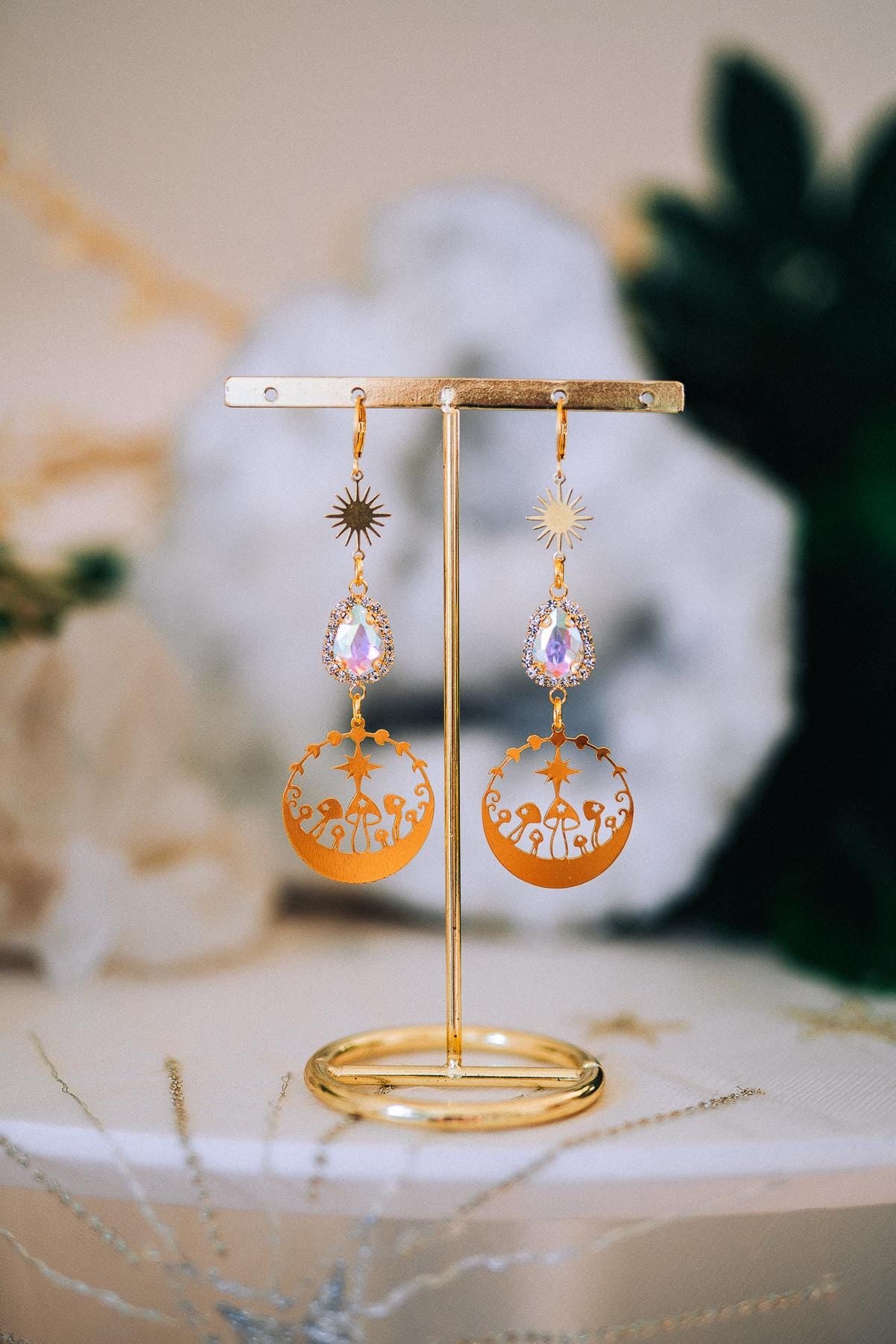 Celestial Mushroom Earrings Gold Crystal Jewelry Festival Goddess Earrings Statement Jewelry