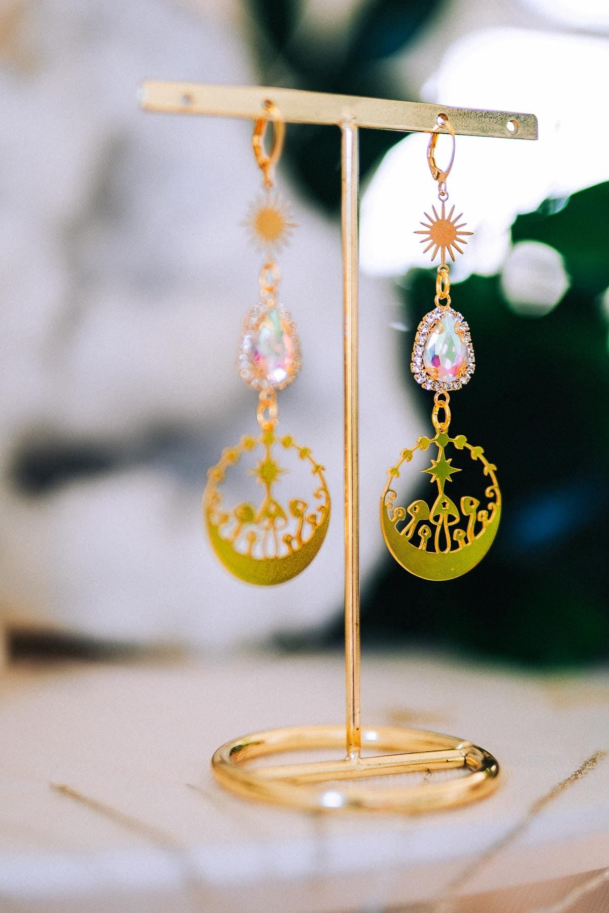 Celestial Mushroom Earrings Gold Crystal Jewelry Festival Goddess Earrings Statement Jewelry