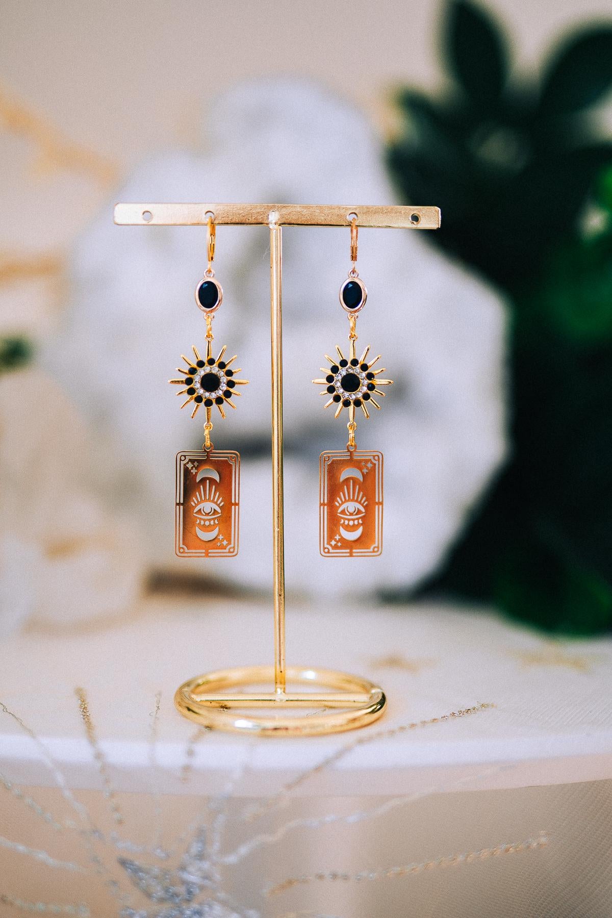 Tarot Card Earrings with Evil Eye and Sunburst – Mystic Statement Jewelry