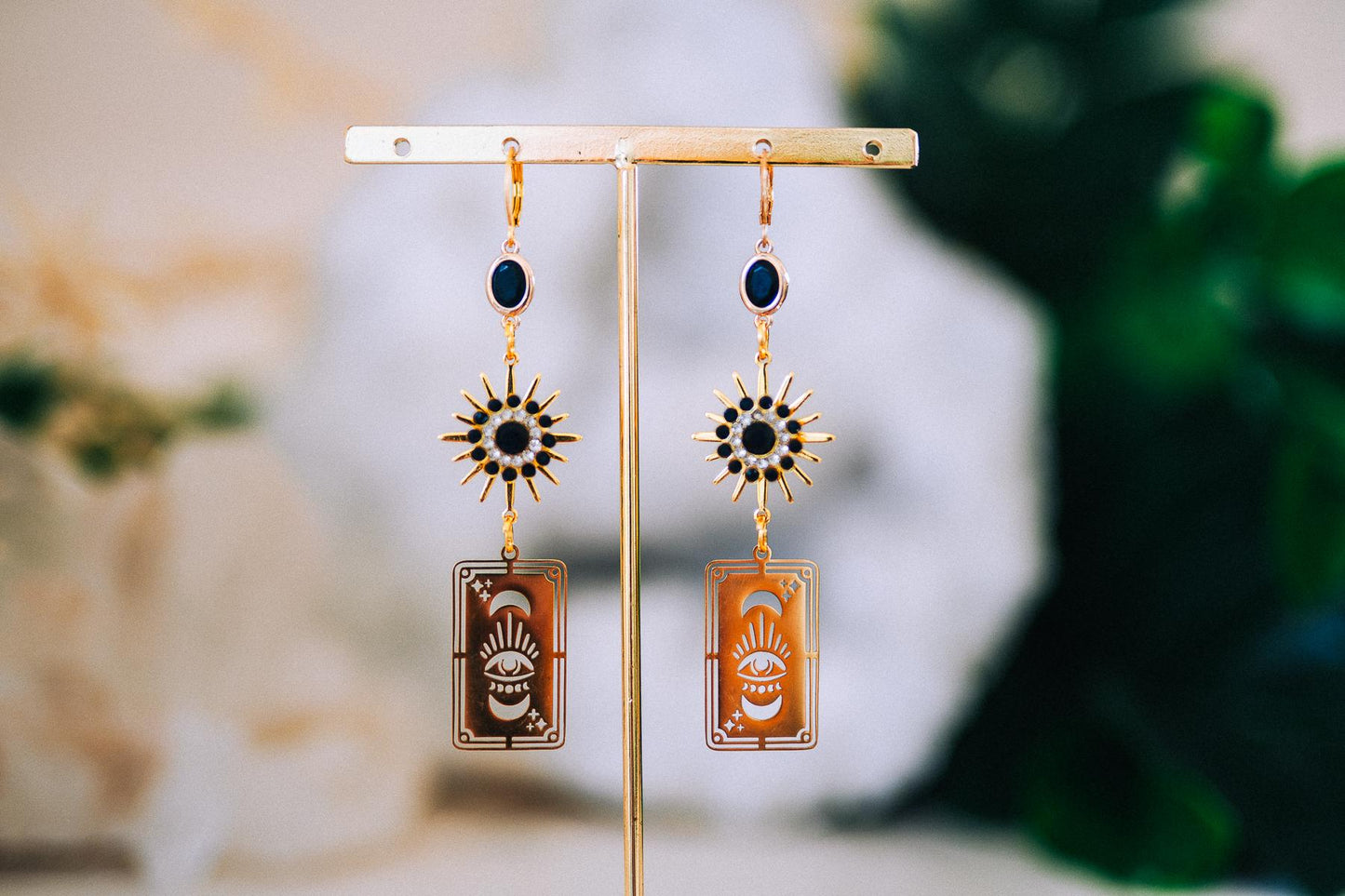 Tarot Card Earrings with Evil Eye and Sunburst – Mystic Statement Jewelry