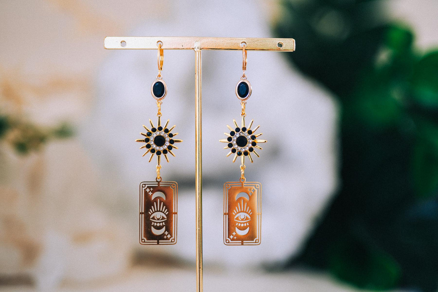 Tarot Card Earrings with Evil Eye and Sunburst – Mystic Statement Jewelry