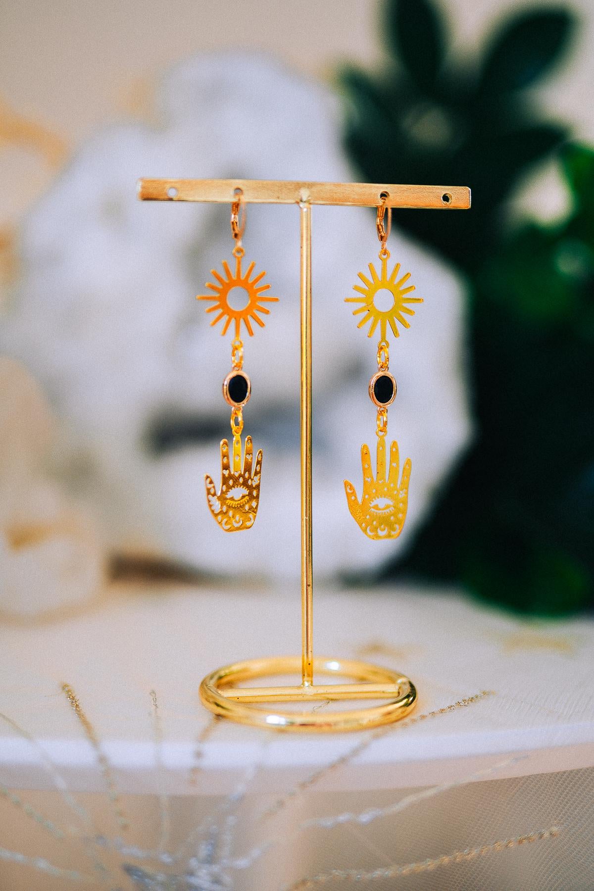 Evil Eye Hand Earrings Gold Celestial Jewelry Protection Earrings Goddess Statement Jewelry