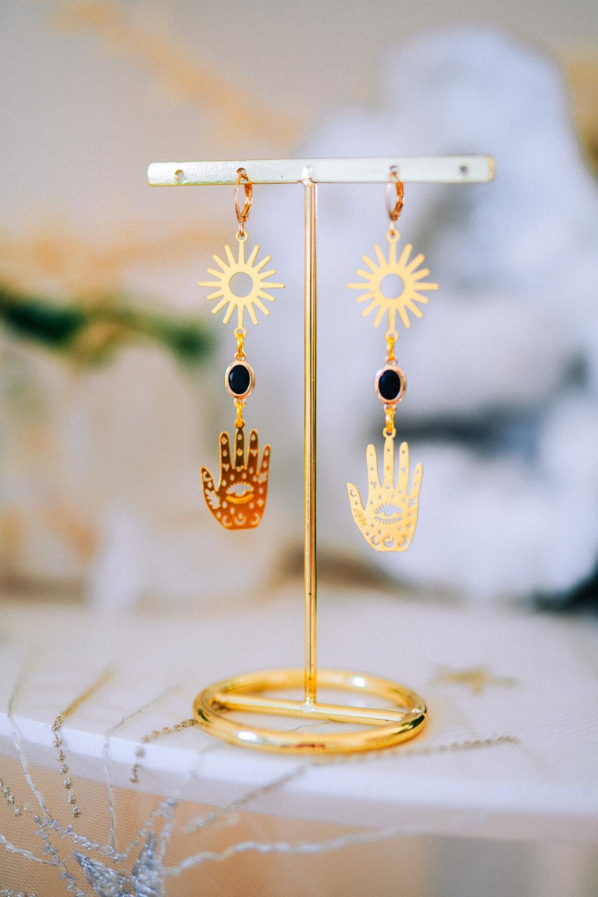 Evil Eye Hand Earrings Gold Celestial Jewelry Protection Earrings Goddess Statement Jewelry