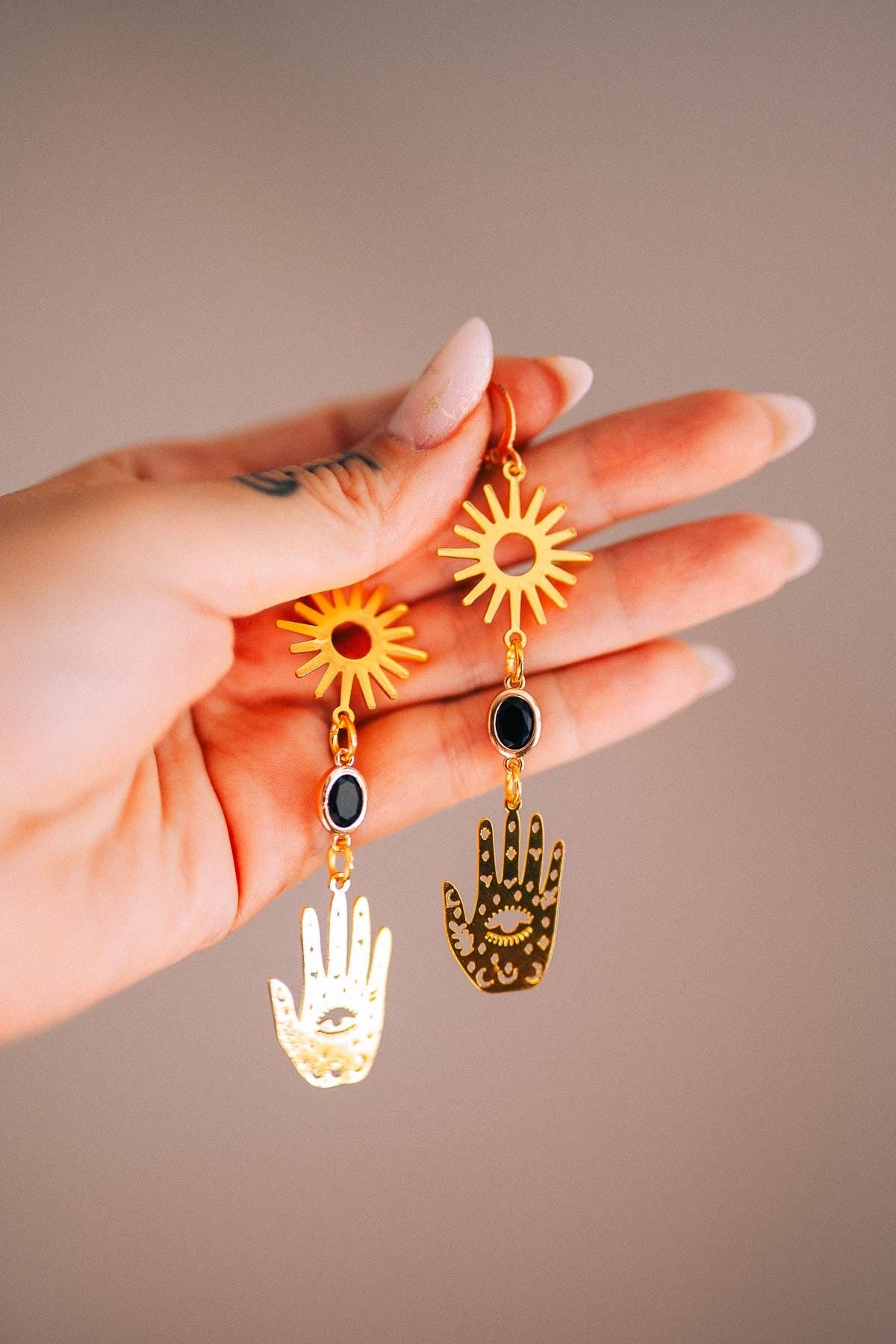 Evil Eye Hand Earrings Gold Celestial Jewelry Protection Earrings Goddess Statement Jewelry
