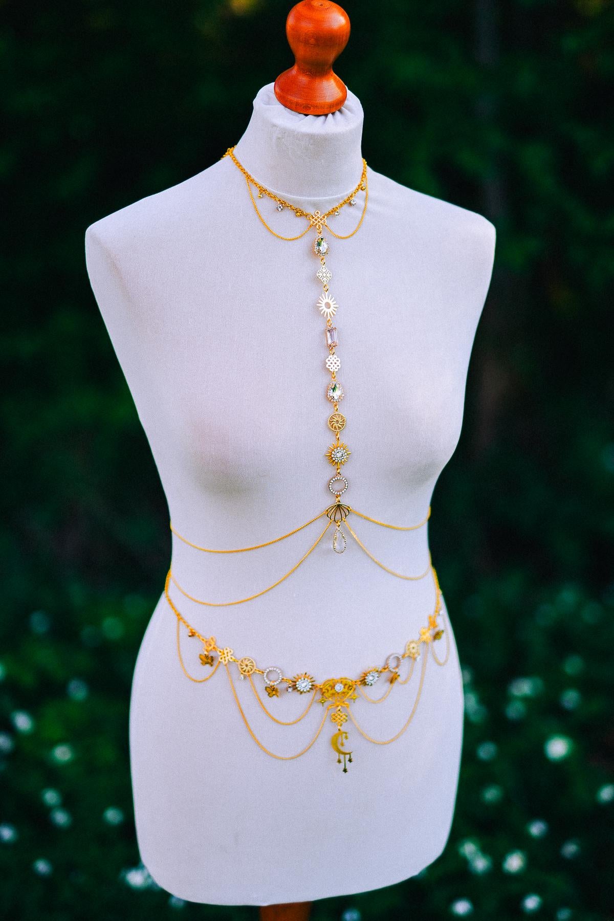 Celestial Body Chain Harness Gold Festival Jewelry Sun Moon Goddess Necklace