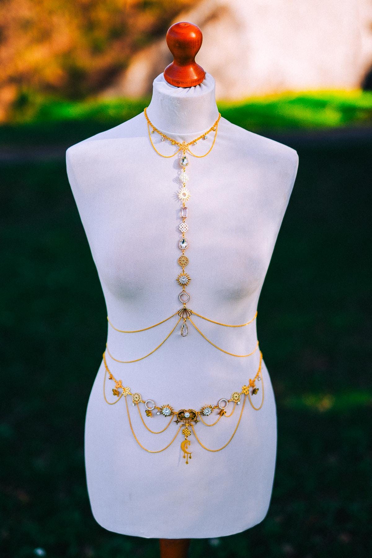 Celestial Body Chain Harness Gold Festival Jewelry Sun Moon Goddess Necklace