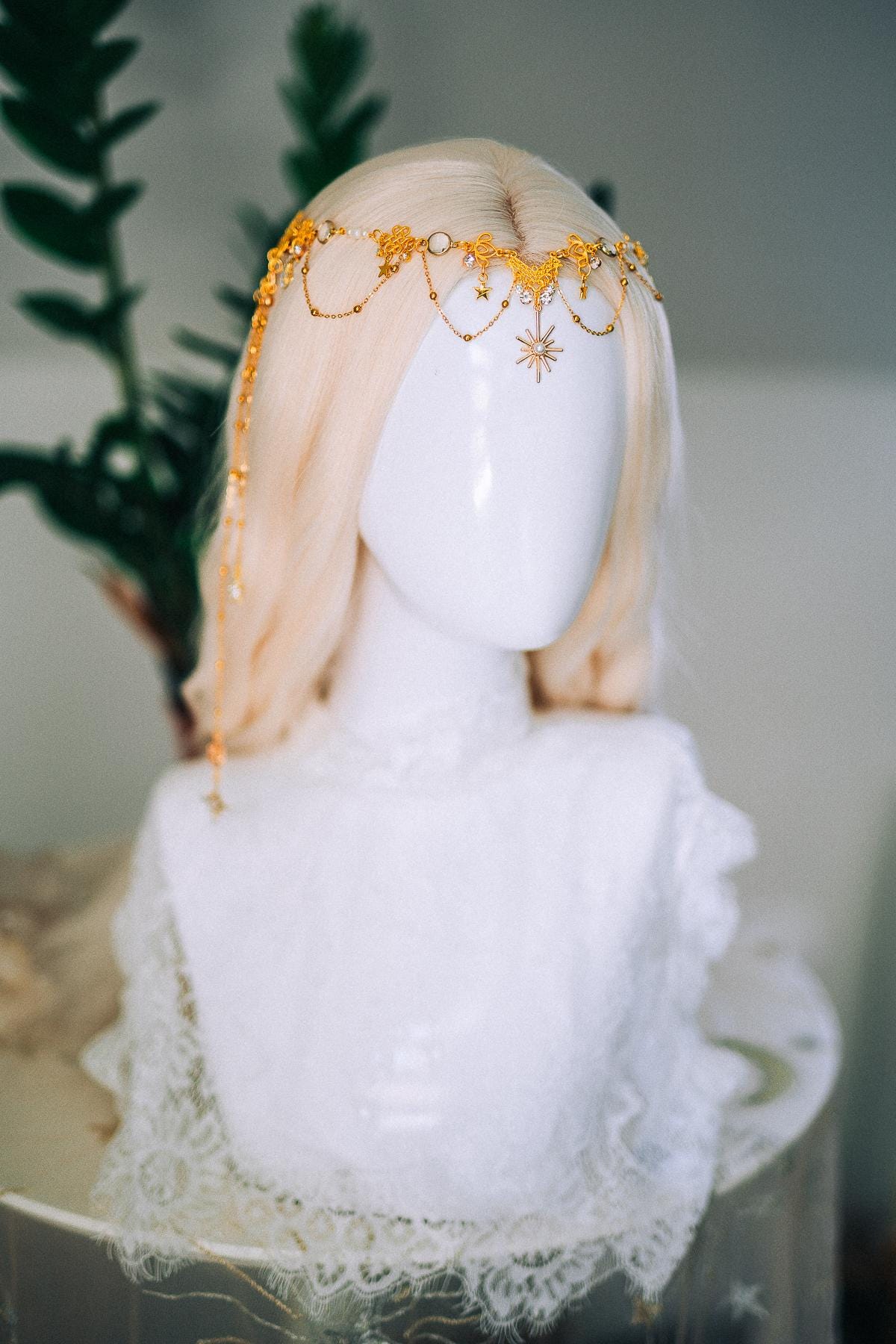 Gold Celestial Hair Chain Bridal Headpiece Star Moon Crown Boho Festival Hair Jewelry