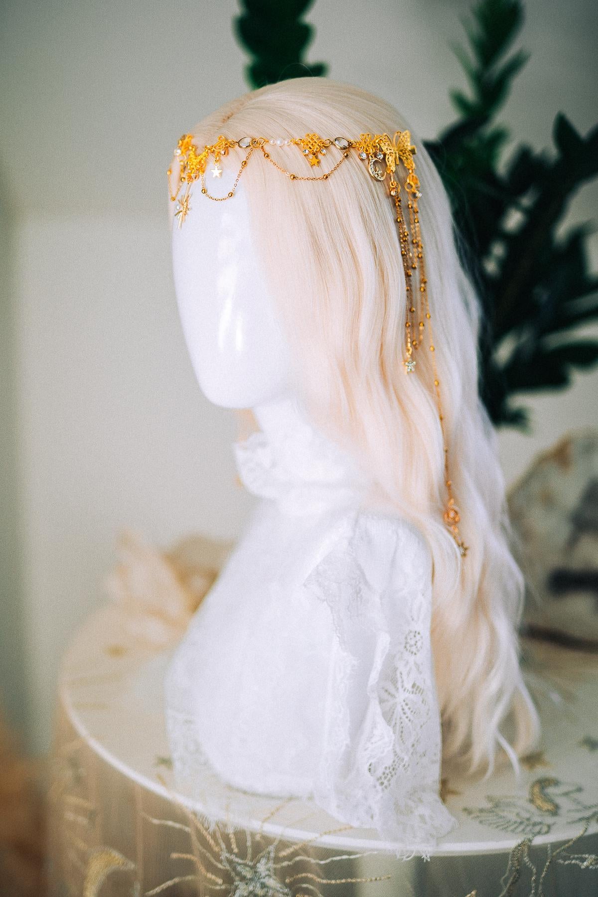 Gold Celestial Hair Chain Bridal Headpiece Star Moon Crown Boho Festival Hair Jewelry
