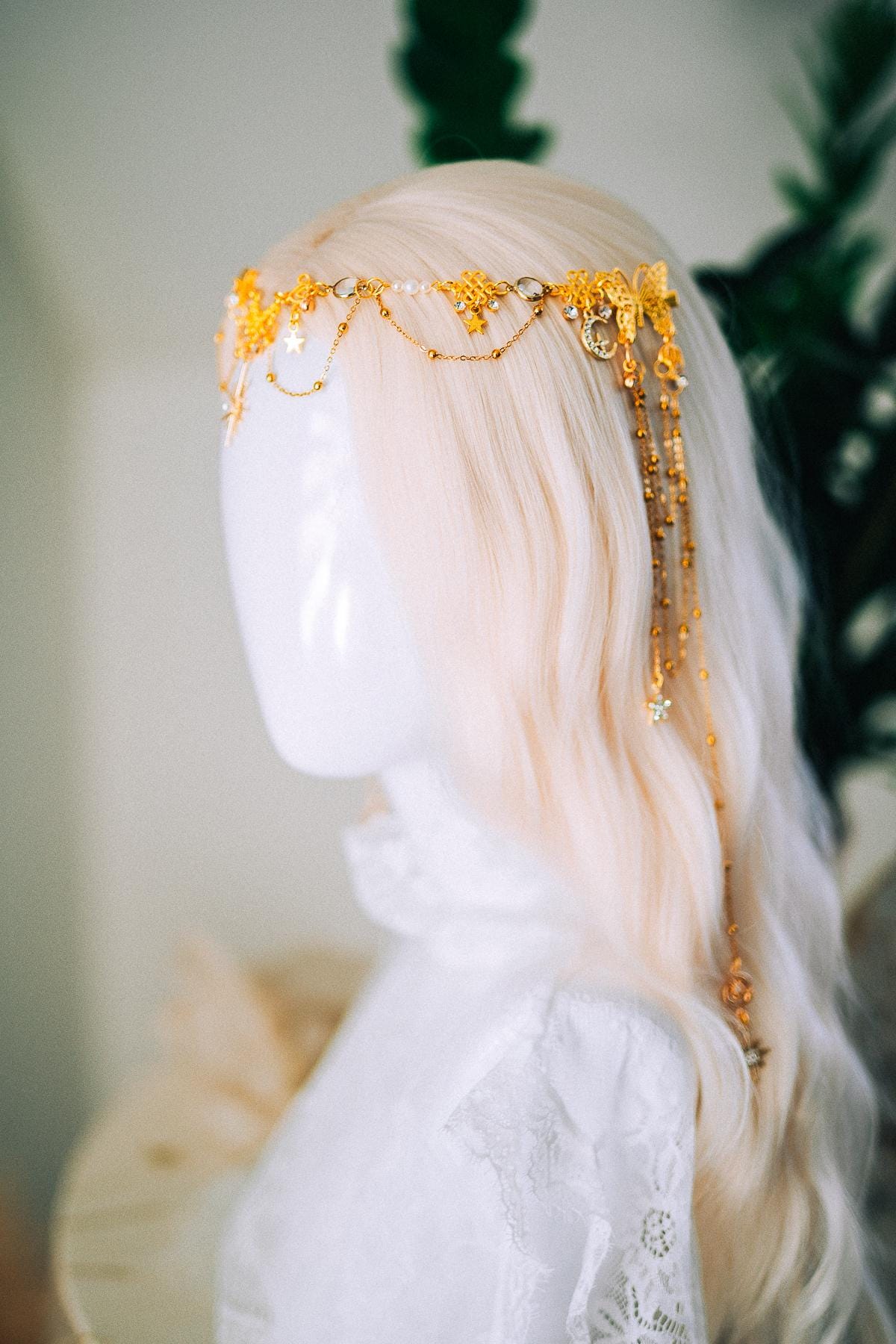 Gold Celestial Hair Chain Bridal Headpiece Star Moon Crown Boho Festival Hair Jewelry