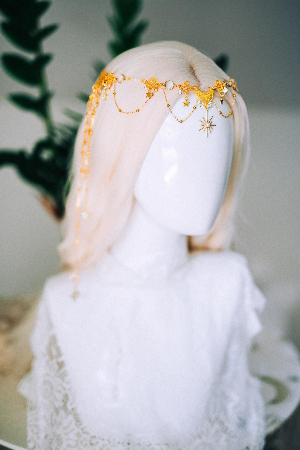 Gold Celestial Hair Chain Bridal Headpiece Star Moon Crown Boho Festival Hair Jewelry