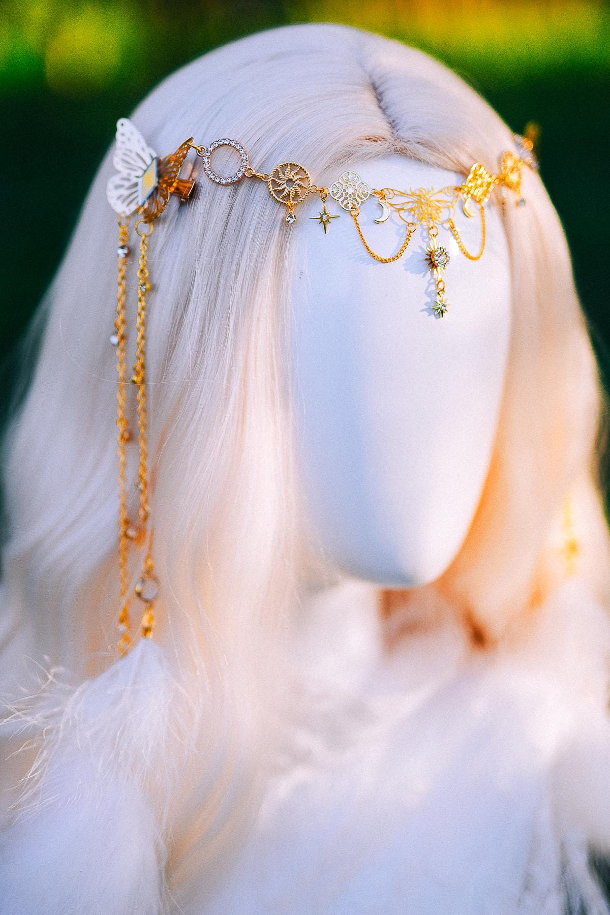 Gold Butterfly Hair Chain Festival Headpiece Feather Bridal Hair Jewelry Celestial Crown