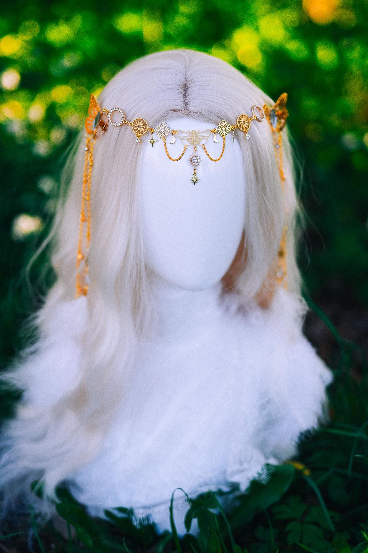 Gold Butterfly Hair Chain Festival Headpiece Feather Bridal Hair Jewelry Celestial Crown