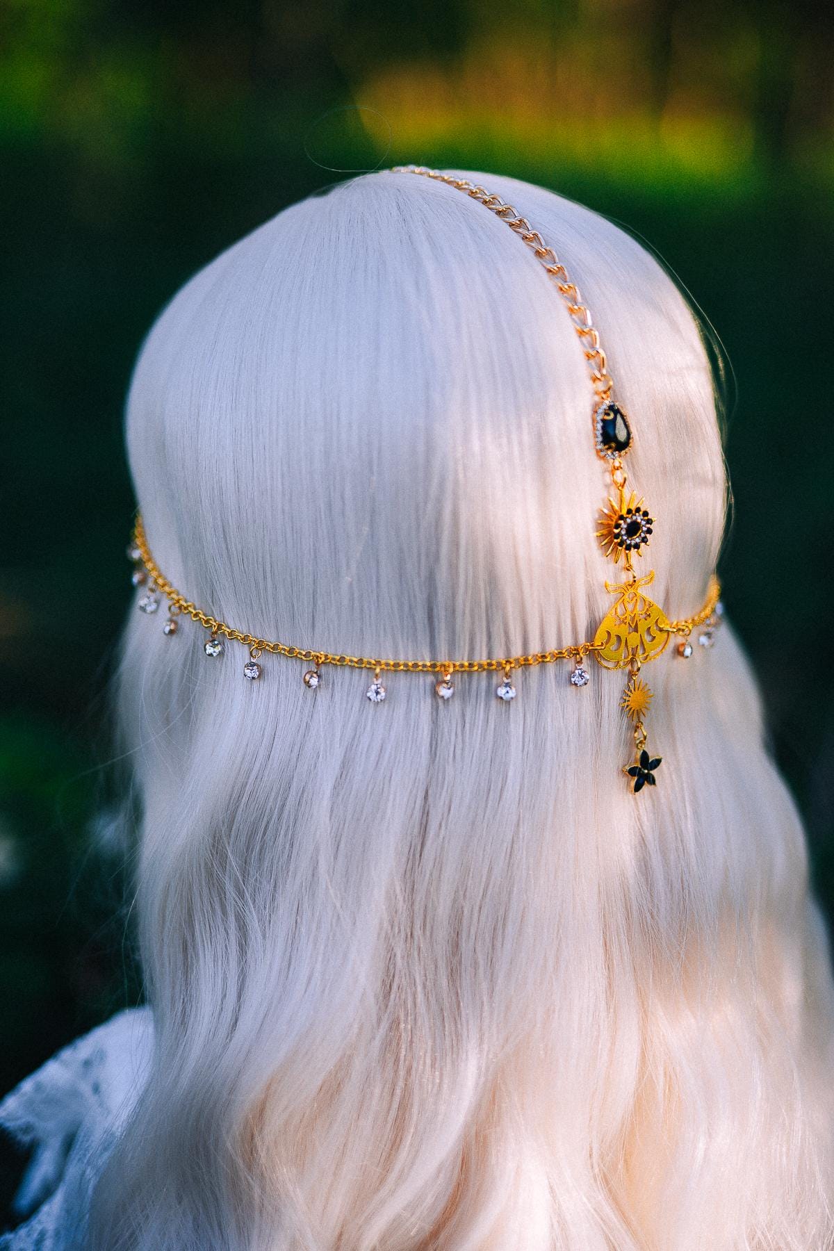 Gold Celestial Head Chain Bridal Headpiece Black Gem Hair Jewelry Goddess Crown