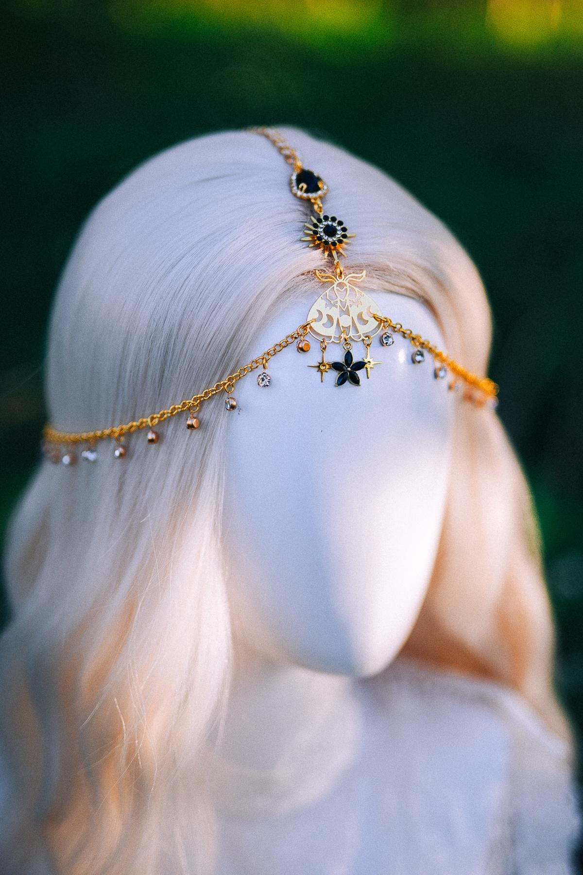 Gold Celestial Head Chain Bridal Headpiece Black Gem Hair Jewelry Goddess Crown