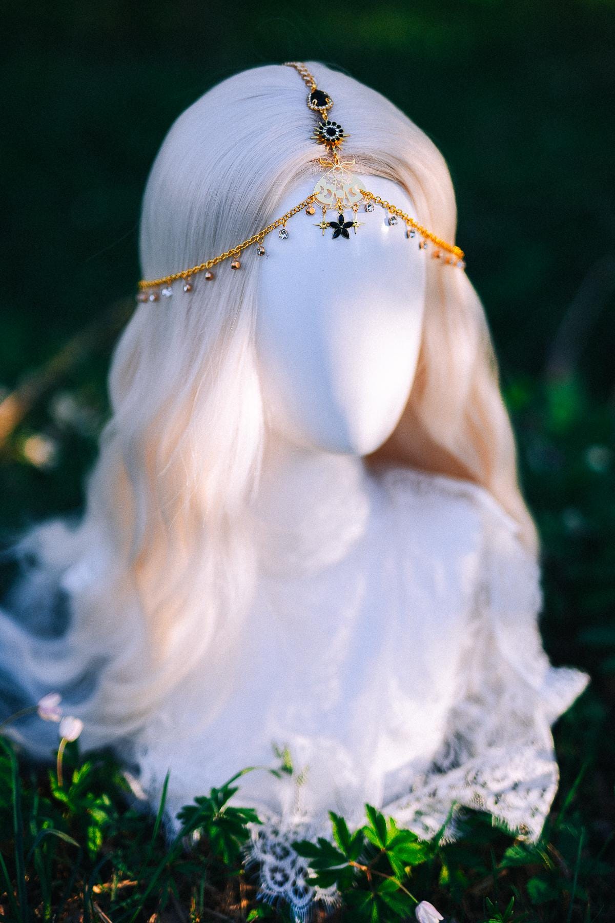 Gold Celestial Head Chain Bridal Headpiece Black Gem Hair Jewelry Goddess Crown