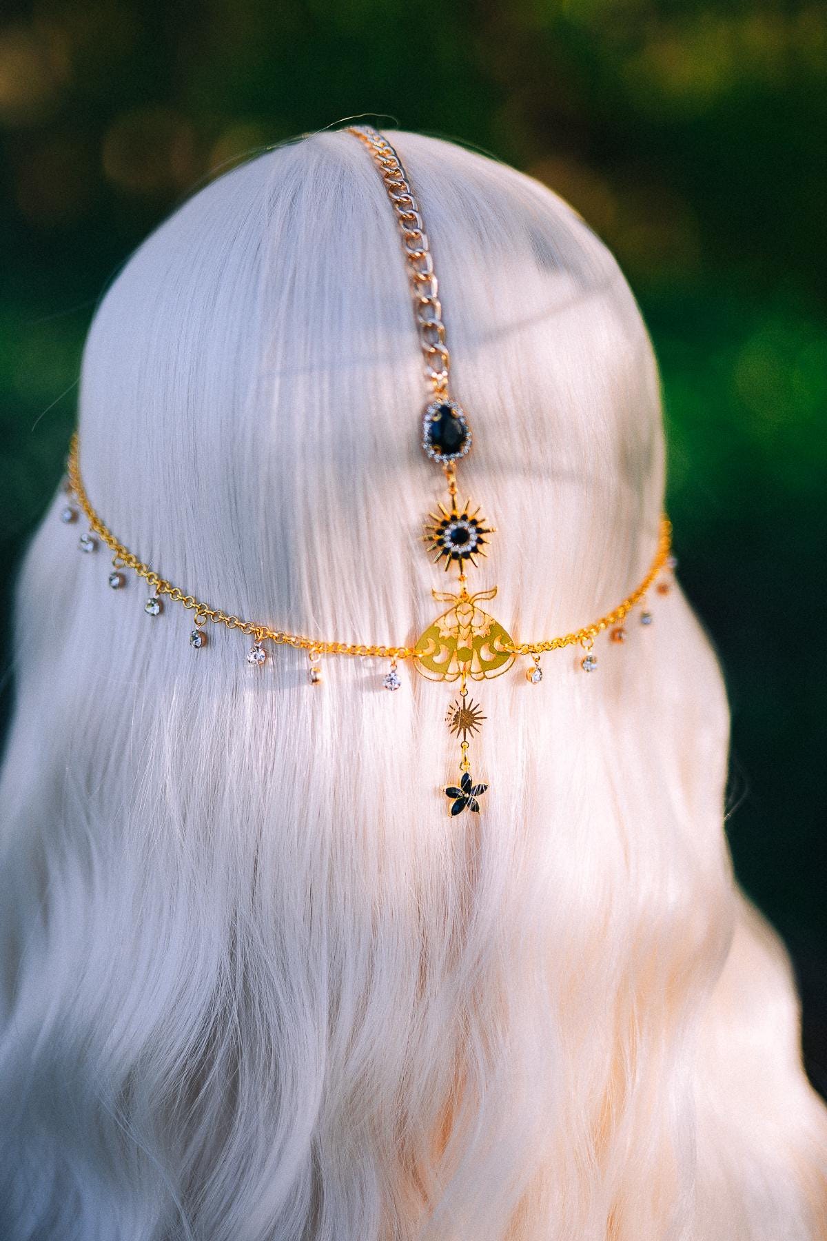 Gold Celestial Head Chain Bridal Headpiece Black Gem Hair Jewelry Goddess Crown