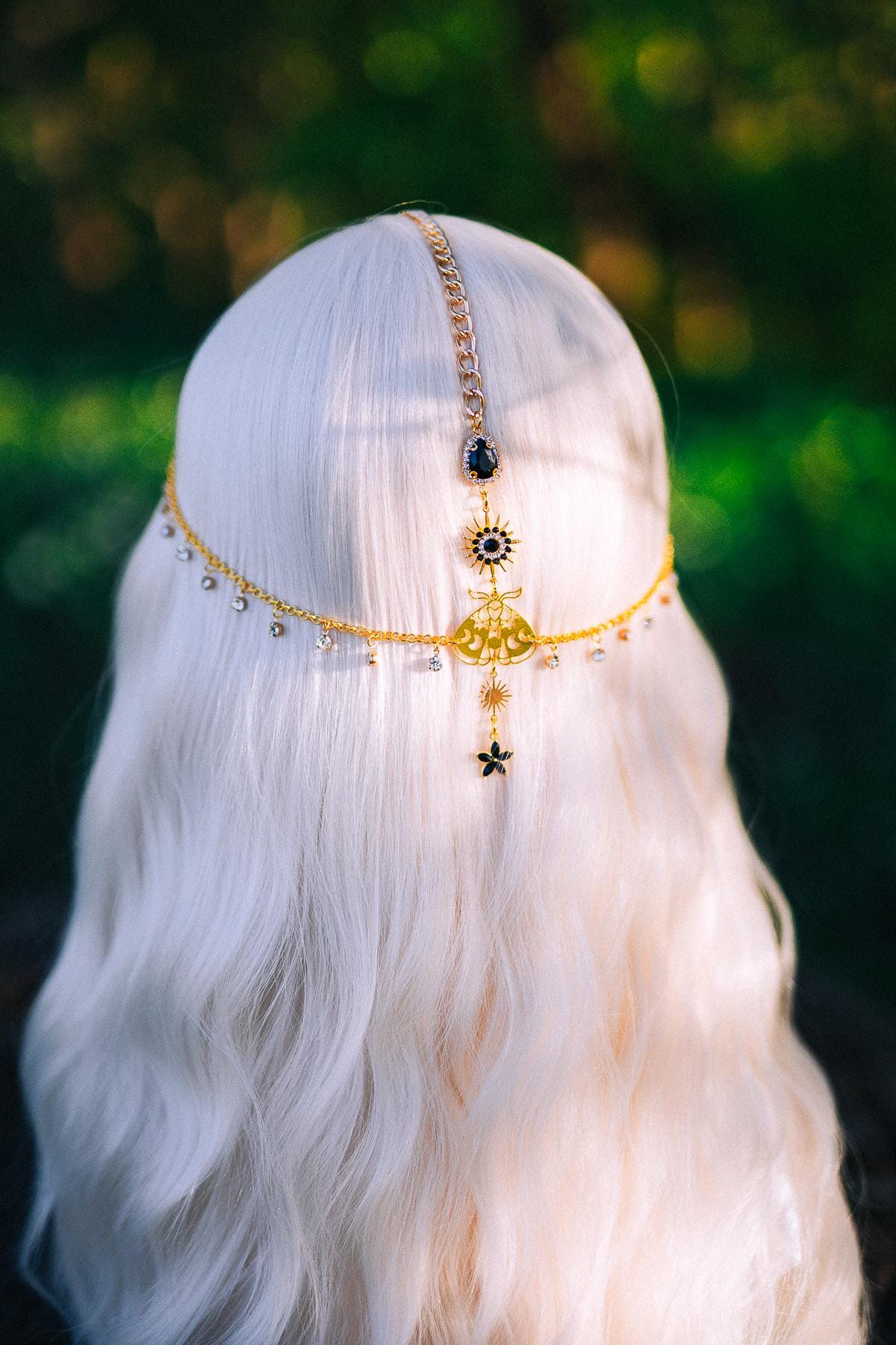 Gold Celestial Head Chain Bridal Headpiece Black Gem Hair Jewelry Goddess Crown