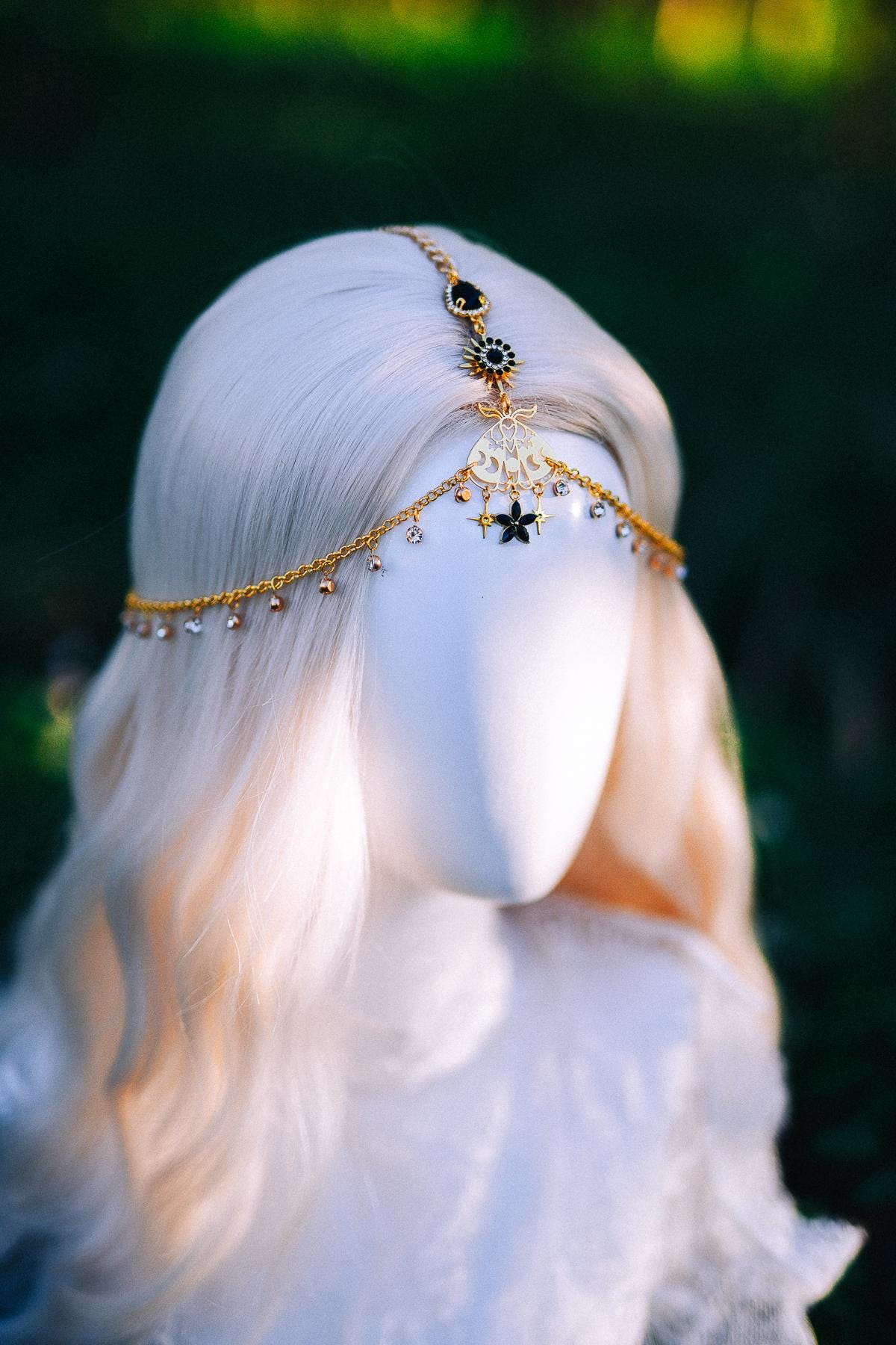 Gold Celestial Head Chain Bridal Headpiece Black Gem Hair Jewelry Goddess Crown