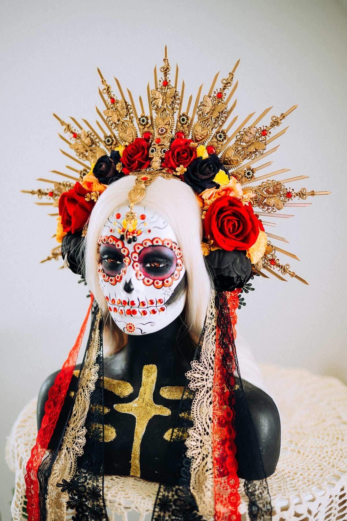 La Catrina Sacred Heart Halo Crown Day Of The Dead Inspired Mexican Flower Crown