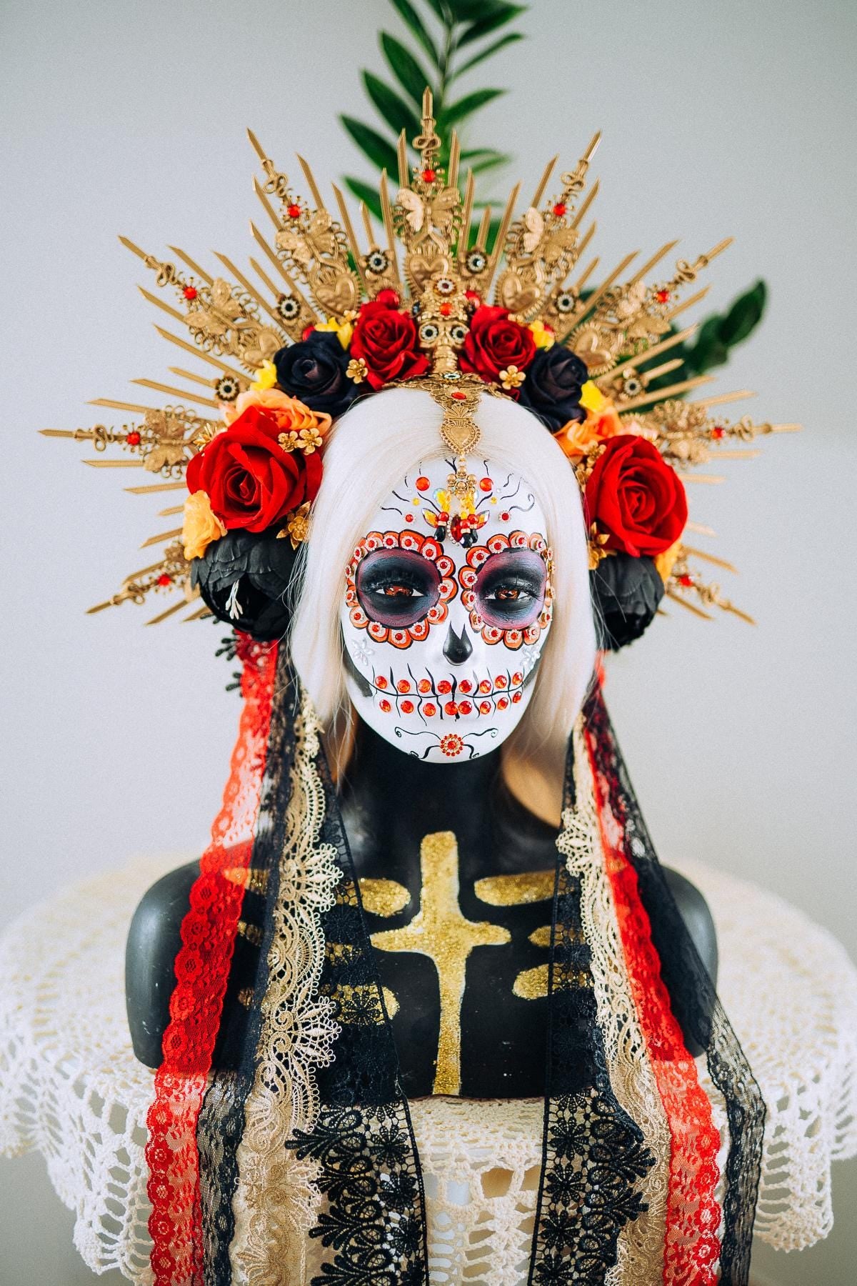 La Catrina Sacred Heart Halo Crown Day Of The Dead Inspired Mexican Flower Crown