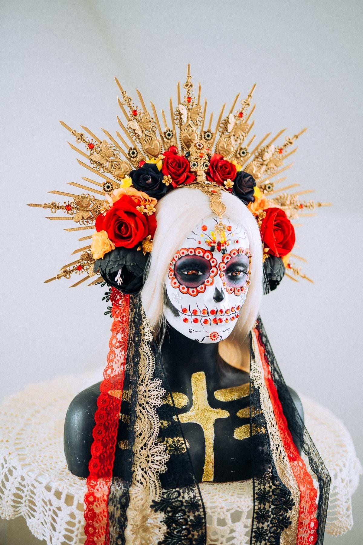 La Catrina Sacred Heart Halo Crown Day Of The Dead Inspired Mexican Flower Crown