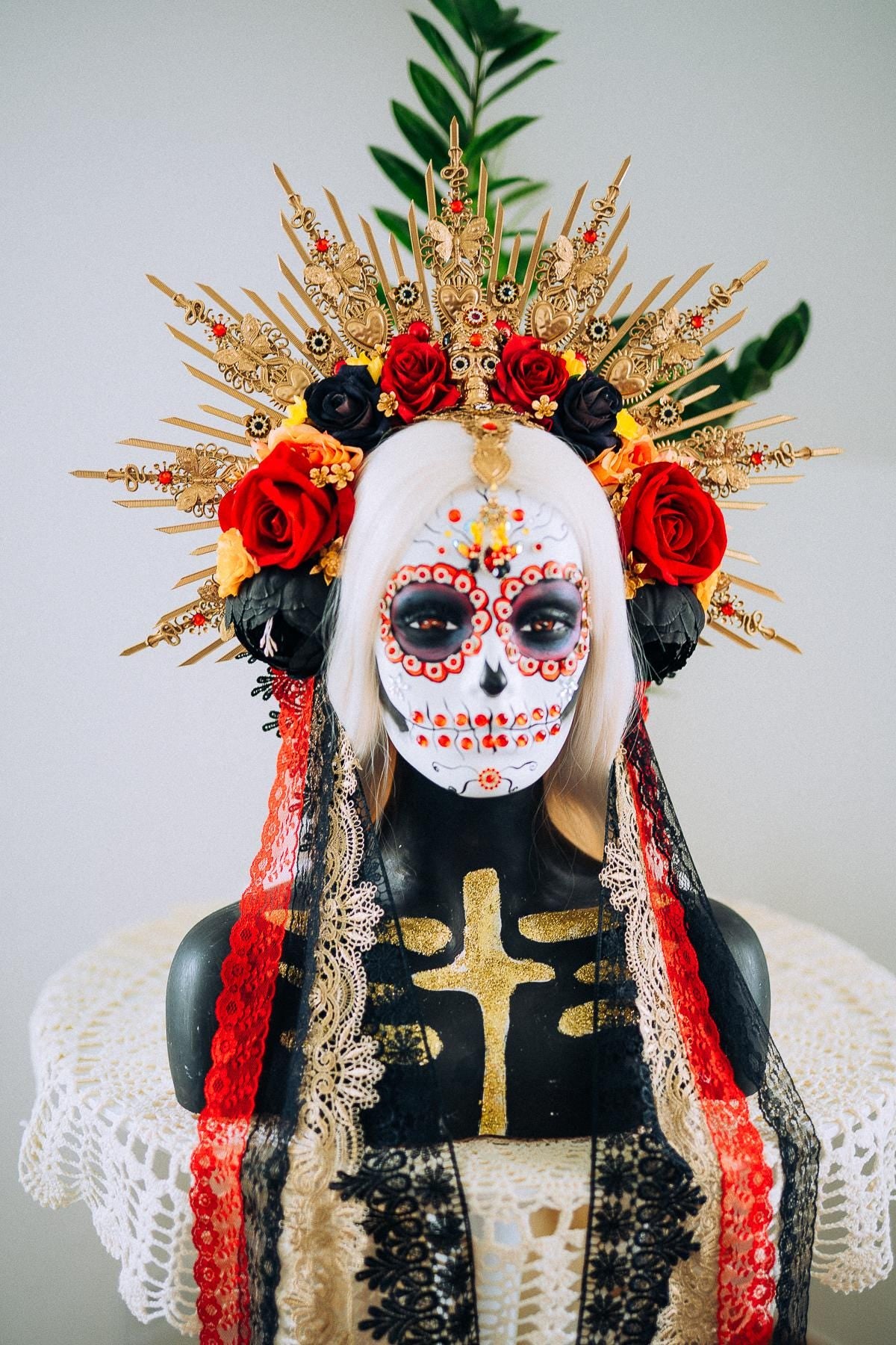 La Catrina Sacred Heart Halo Crown Day Of The Dead Inspired Mexican Flower Crown