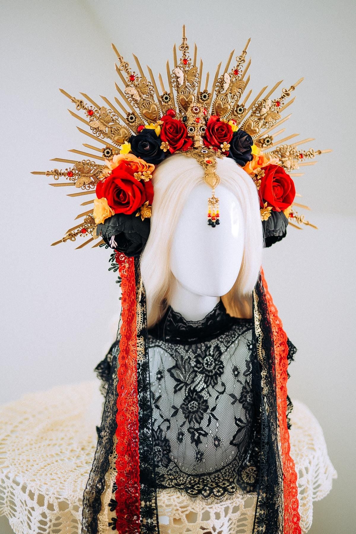 La Catrina Sacred Heart Halo Crown Day Of The Dead Inspired Mexican Flower Crown