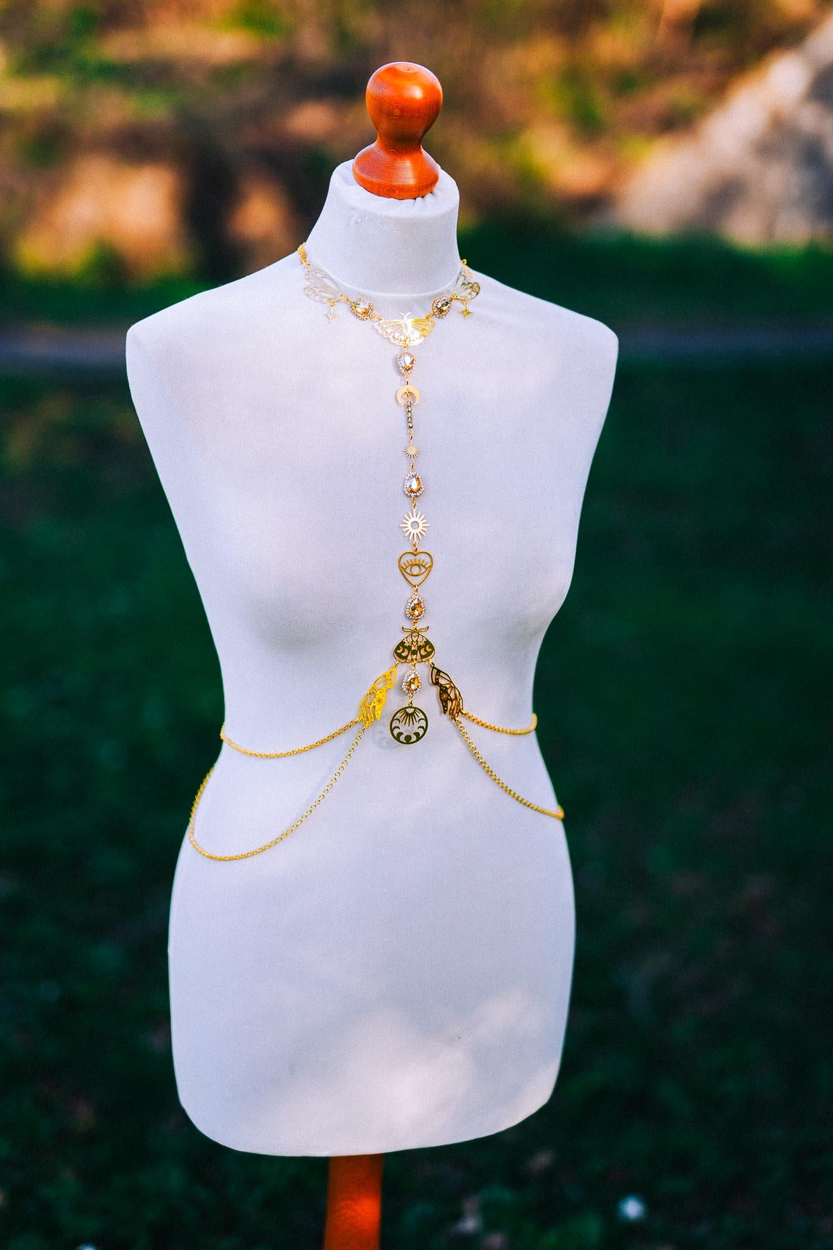 Celestial Moth Goddess Harness Gold Body Chain Sacred Sun Moon Festival Jewelry