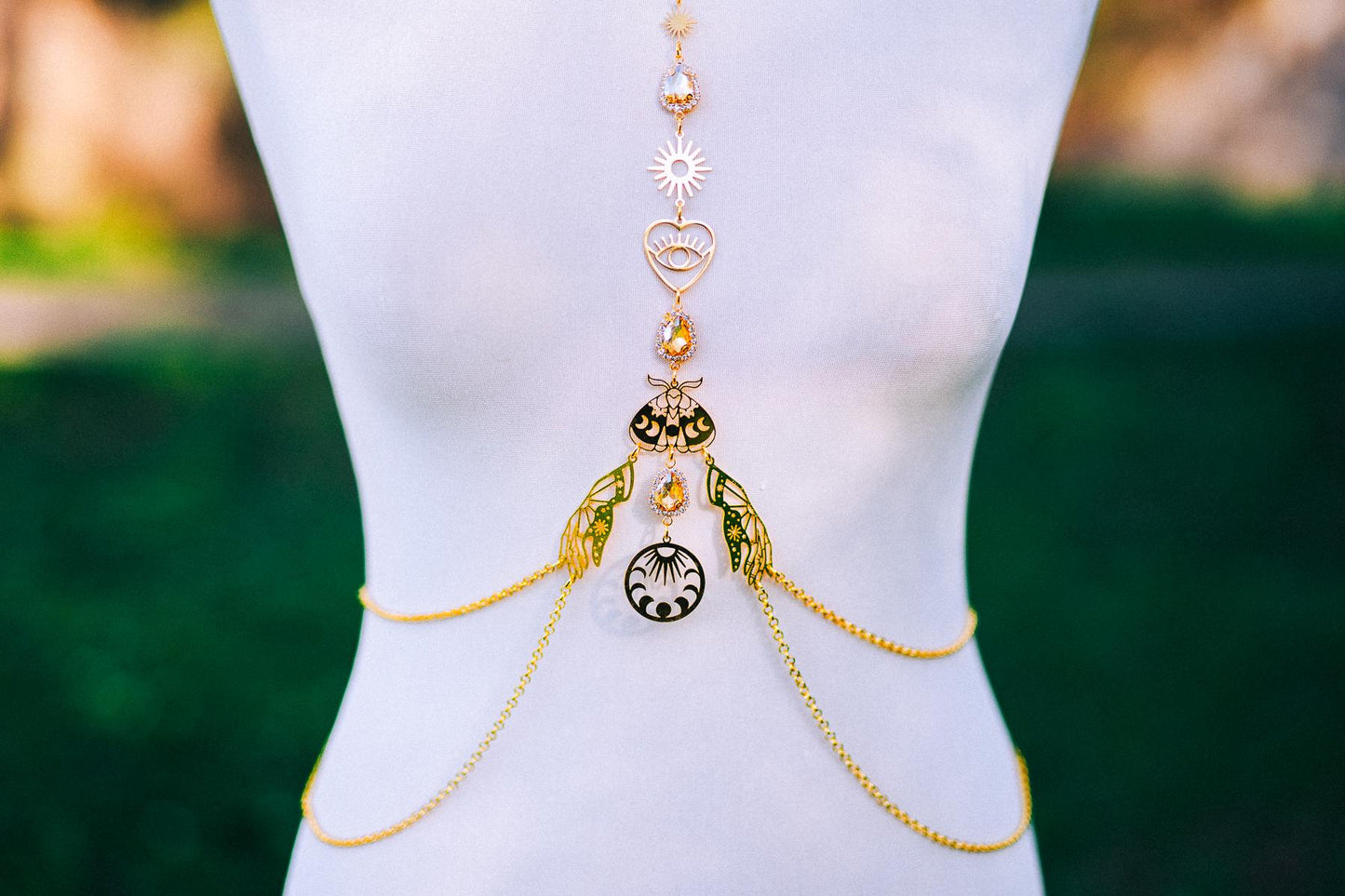 Celestial Moth Goddess Harness Gold Body Chain Sacred Sun Moon Festival Jewelry