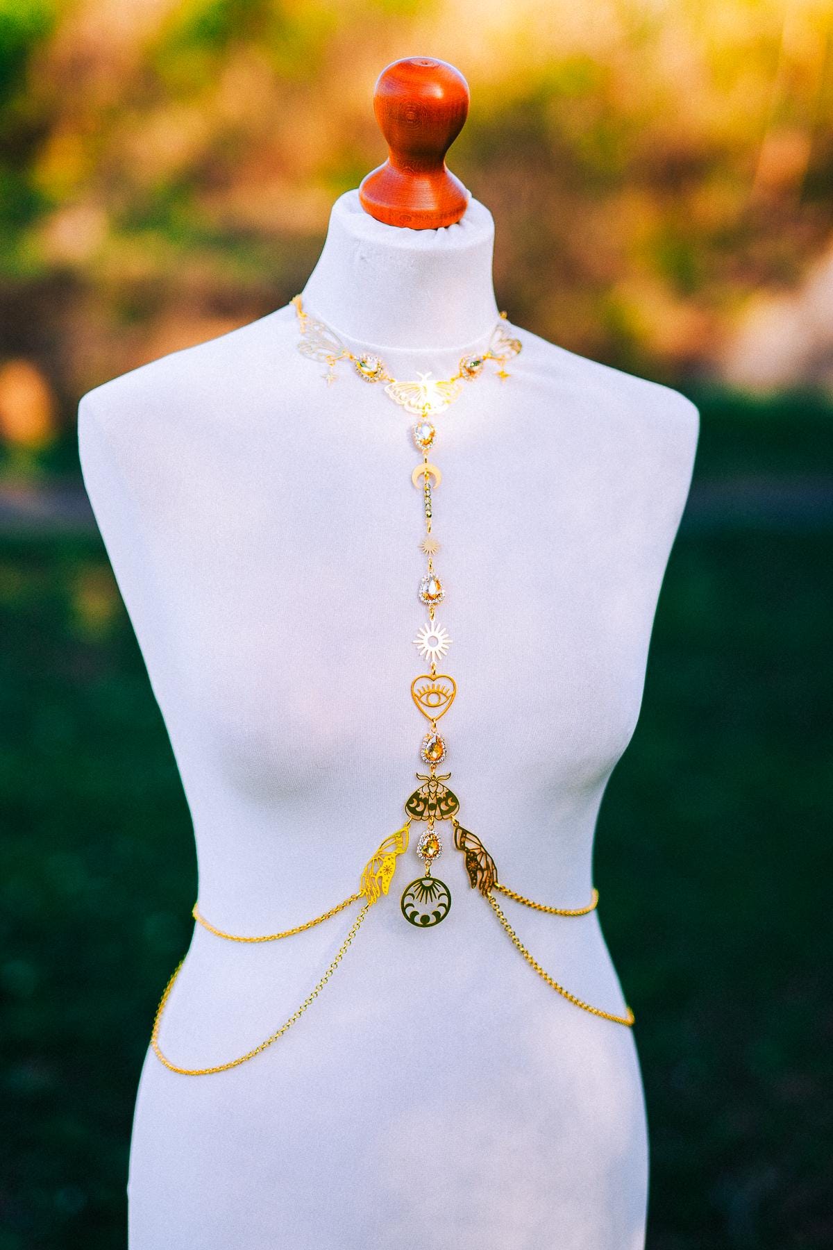 Celestial Moth Goddess Harness Gold Body Chain Sacred Sun Moon Festival Jewelry