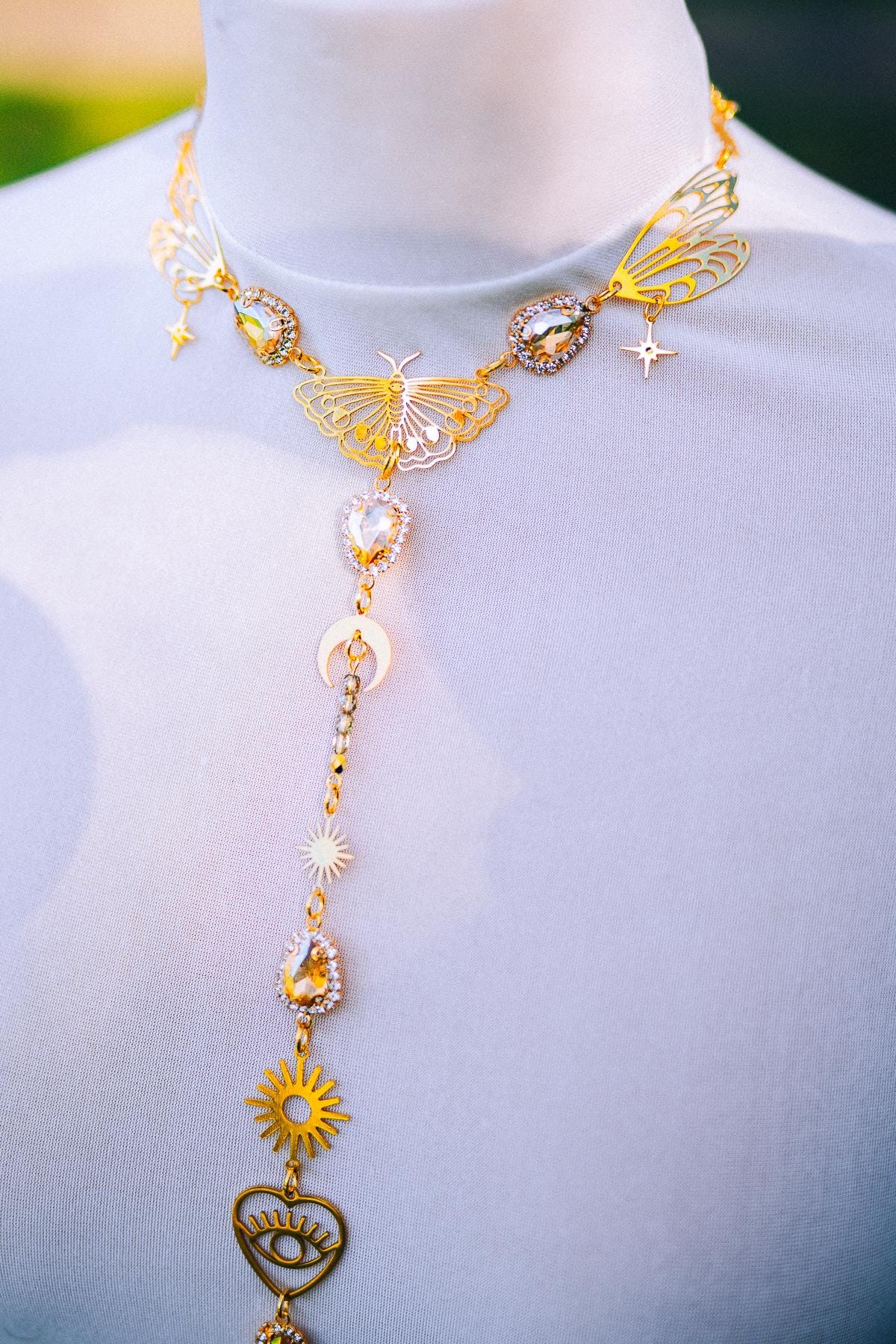 Celestial Moth Goddess Harness Gold Body Chain Sacred Sun Moon Festival Jewelry