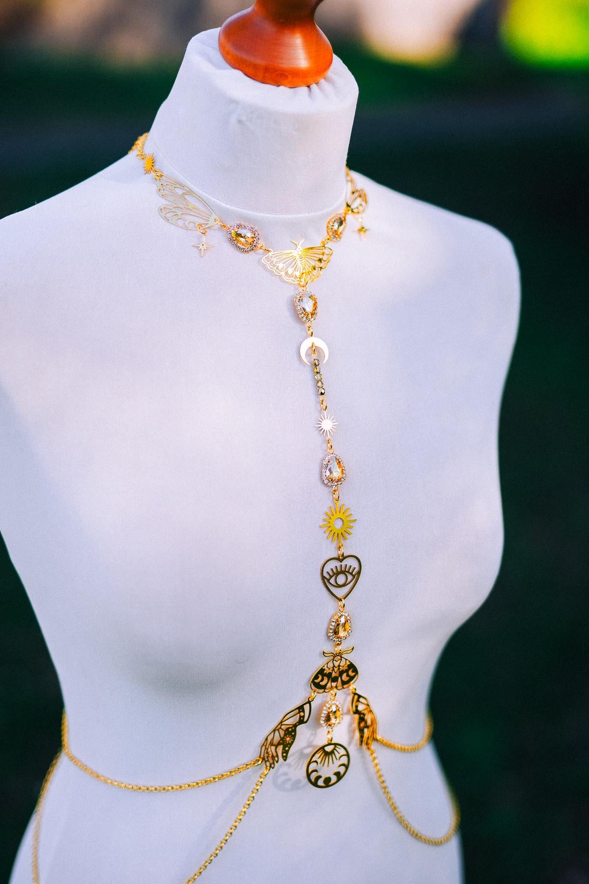 Celestial Moth Goddess Harness Gold Body Chain Sacred Sun Moon Festival Jewelry