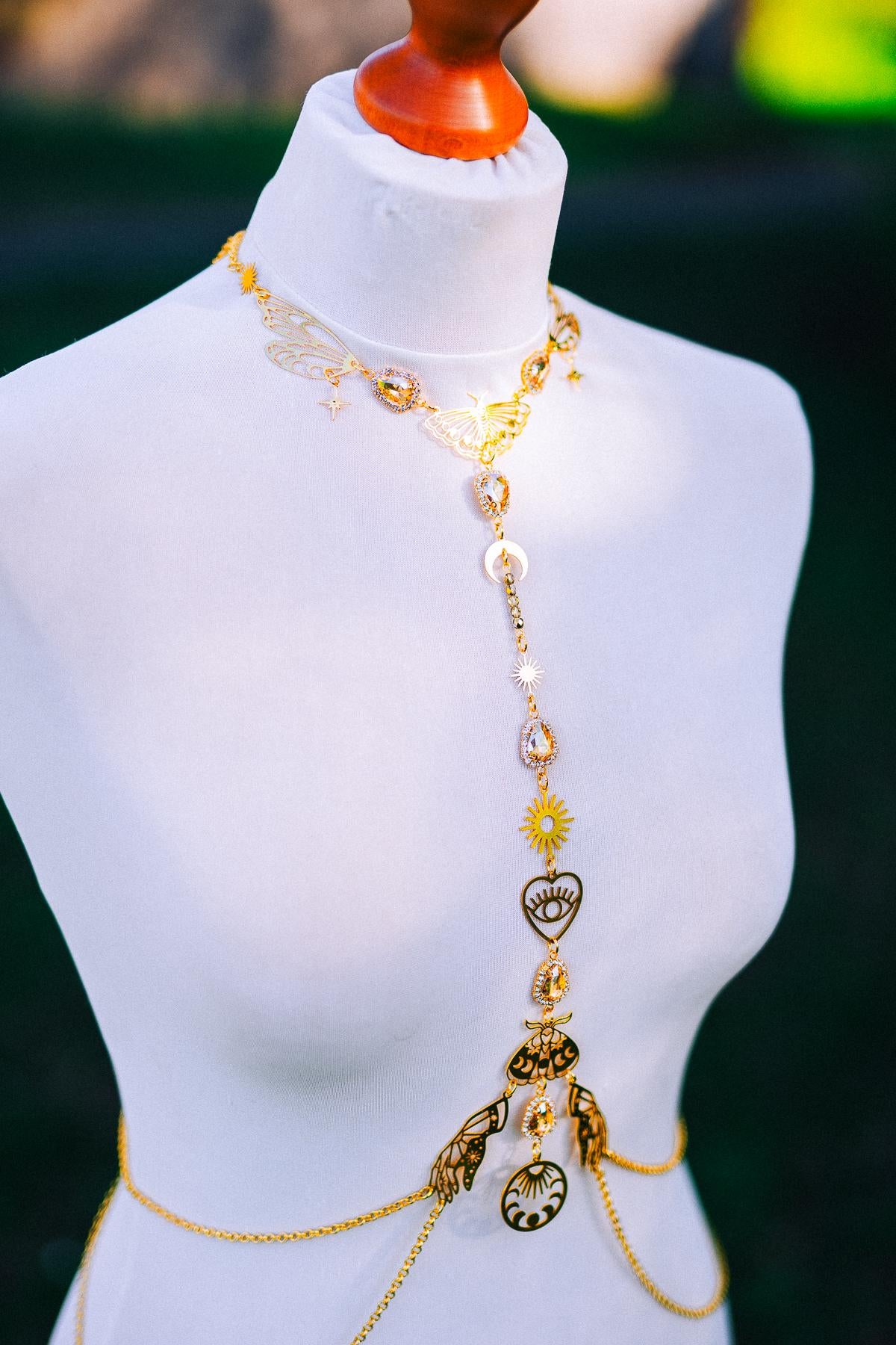 Celestial Moth Goddess Harness Gold Body Chain Sacred Sun Moon Festival Jewelry