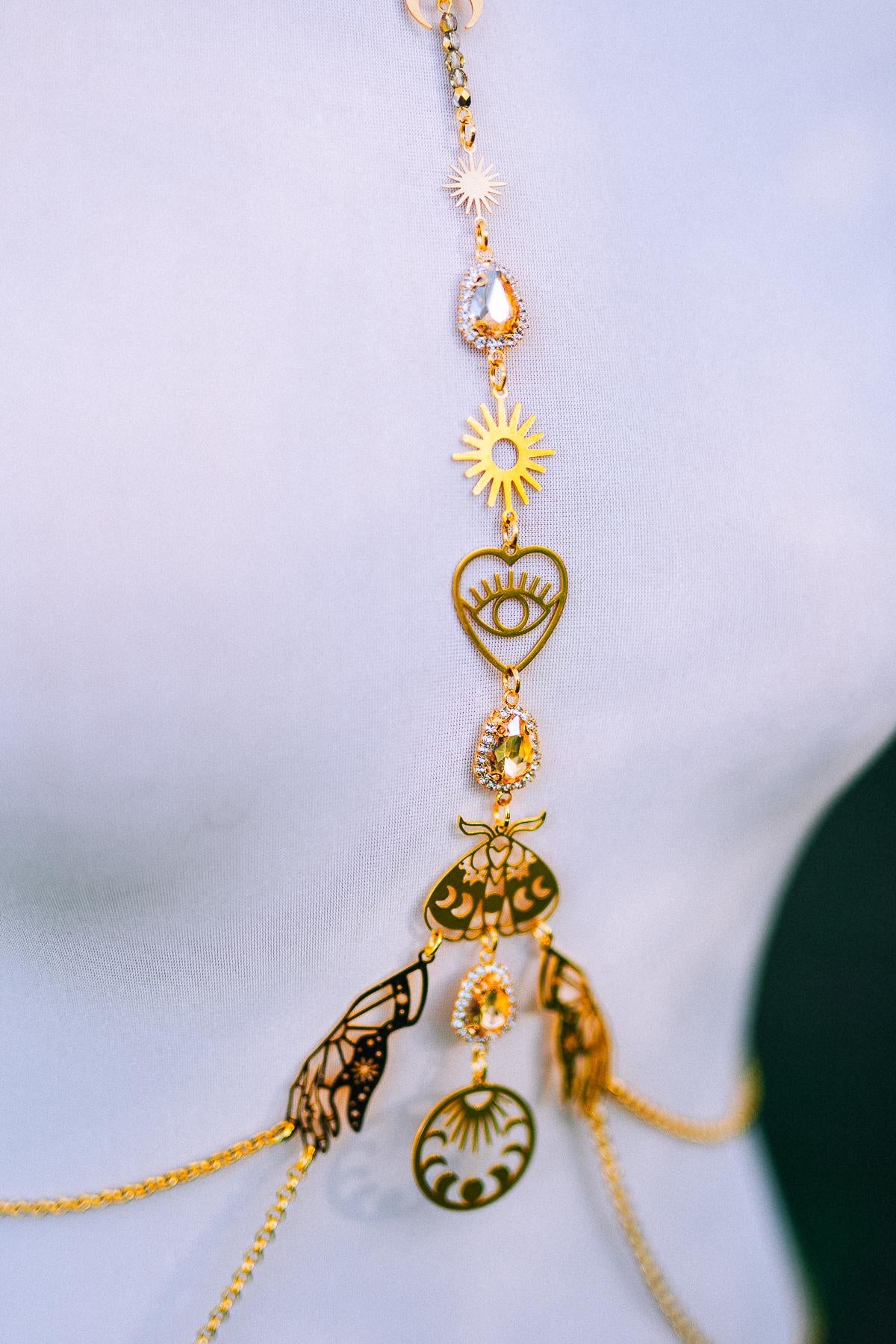 Celestial Moth Goddess Harness Gold Body Chain Sacred Sun Moon Festival Jewelry