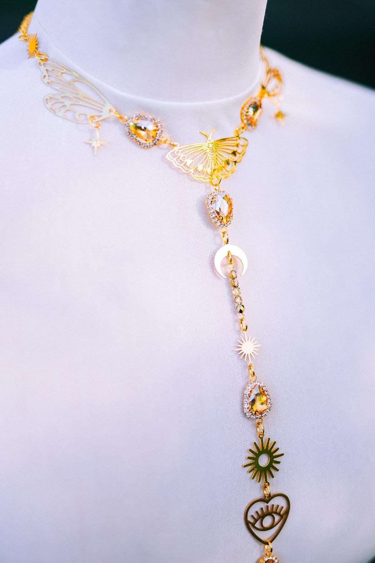 Celestial Moth Goddess Harness Gold Body Chain Sacred Sun Moon Festival Jewelry