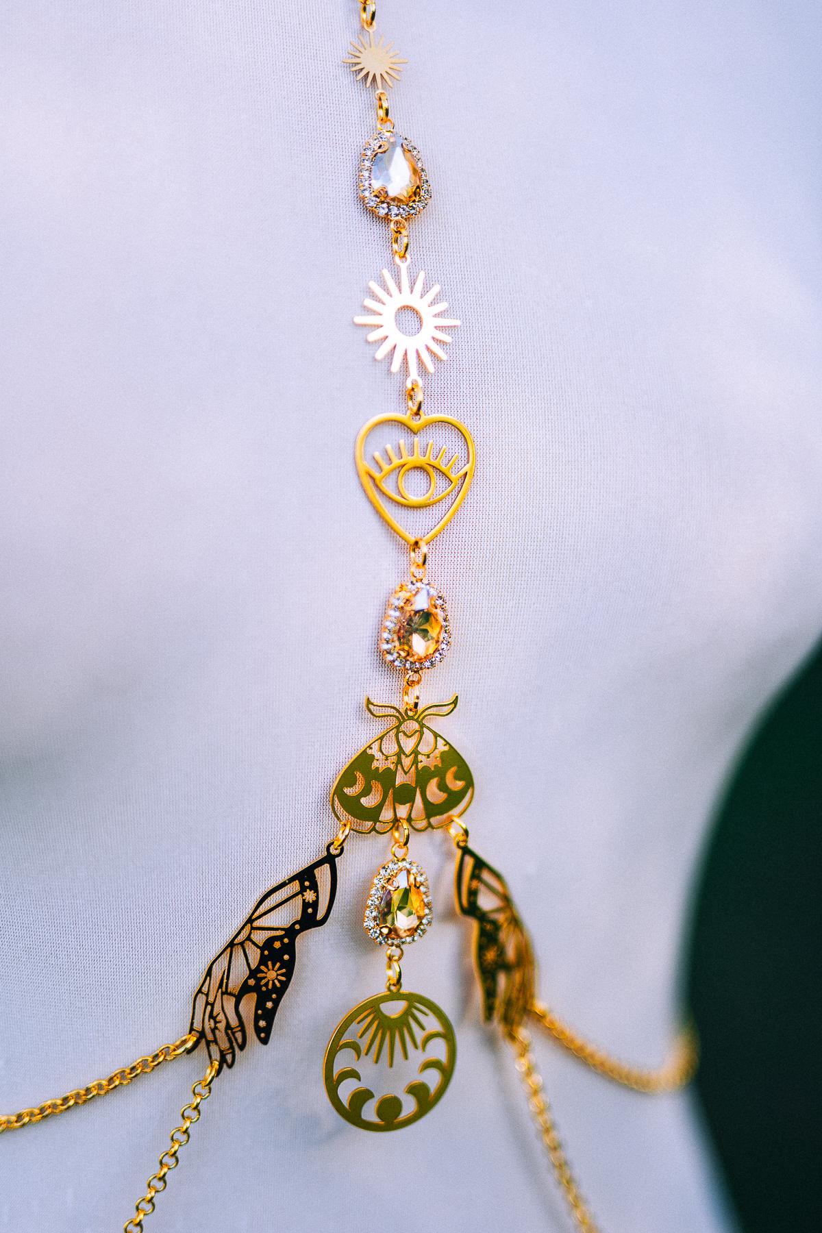 Celestial Moth Goddess Harness Gold Body Chain Sacred Sun Moon Festival Jewelry