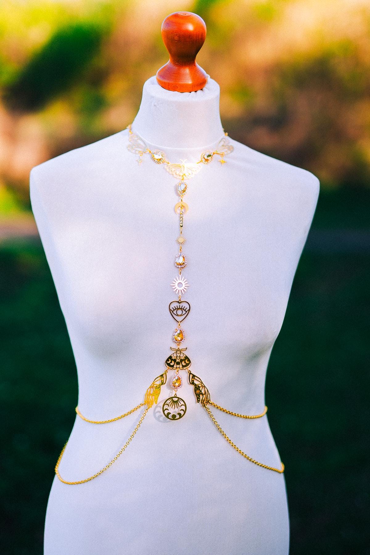 Celestial Moth Goddess Harness Gold Body Chain Sacred Sun Moon Festival Jewelry