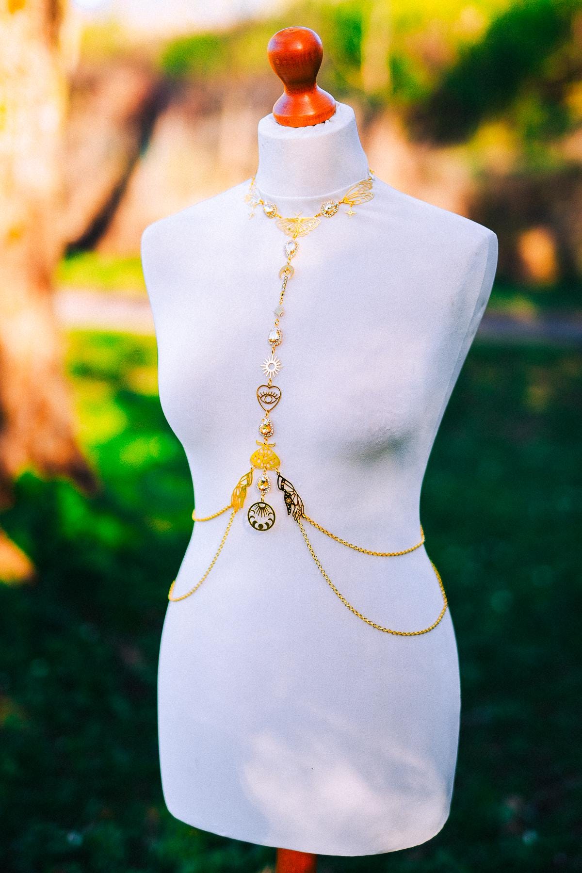 Celestial Moth Goddess Harness Gold Body Chain Sacred Sun Moon Festival Jewelry