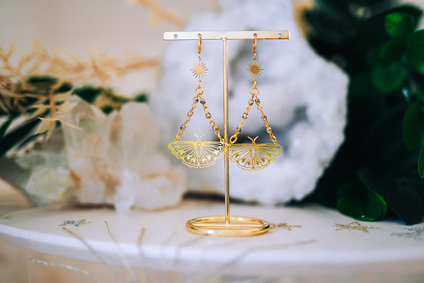 Golden Butterfly Drop Earrings Sunburst Crystal Chains Celestial Boho Jewelry