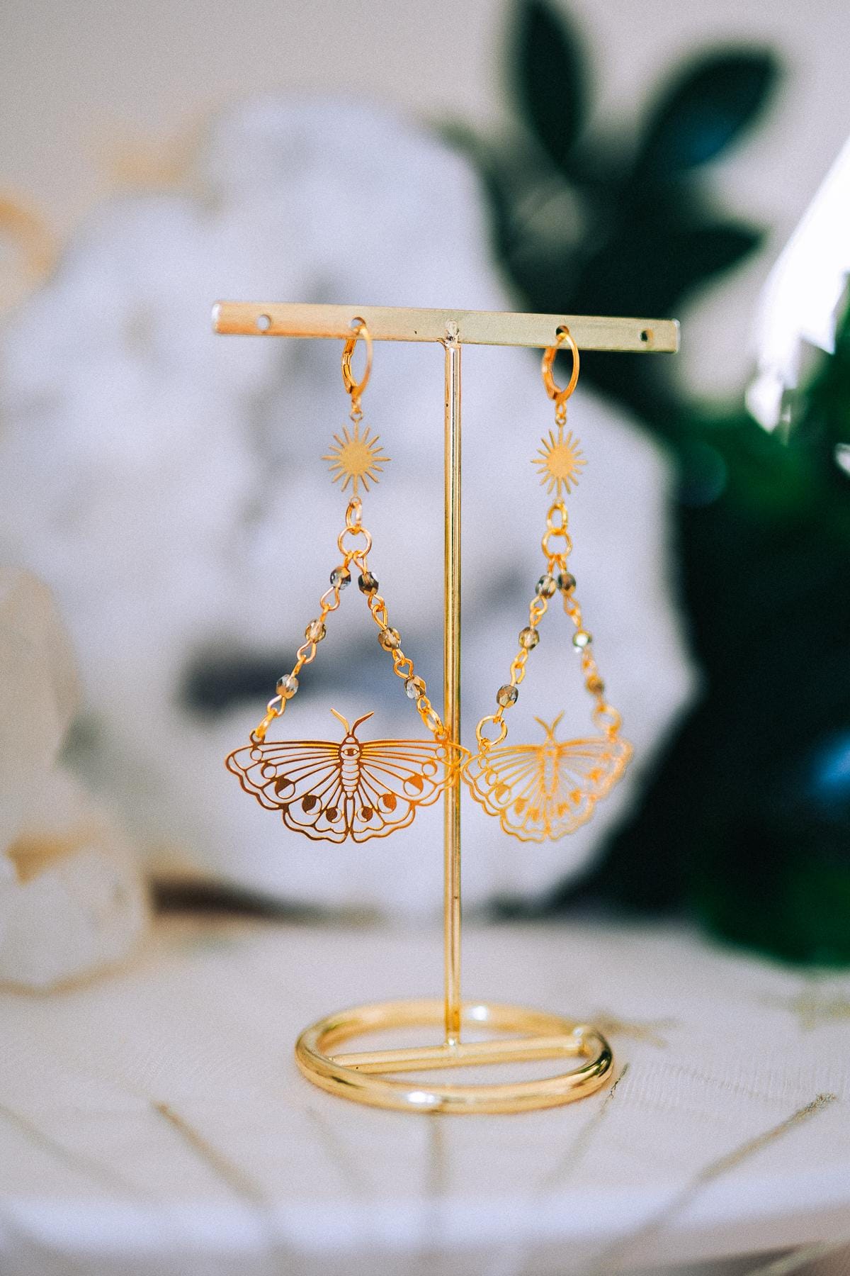 Golden Butterfly Drop Earrings Sunburst Crystal Chains Celestial Boho Jewelry