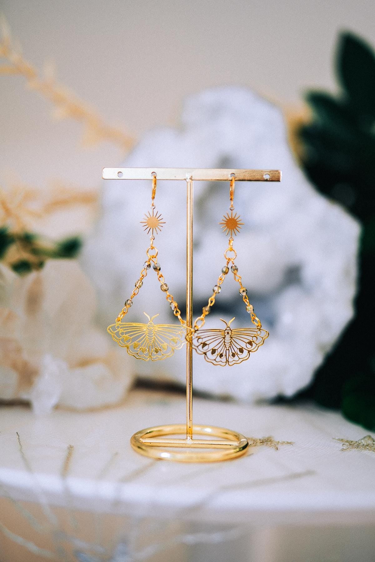 Golden Butterfly Drop Earrings Sunburst Crystal Chains Celestial Boho Jewelry