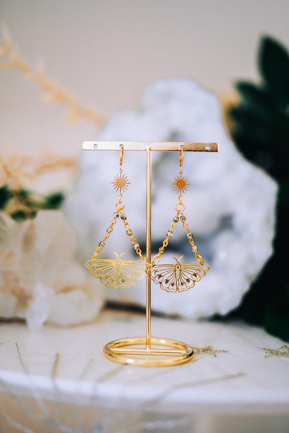 Golden Butterfly Drop Earrings Sunburst Crystal Chains Celestial Boho Jewelry