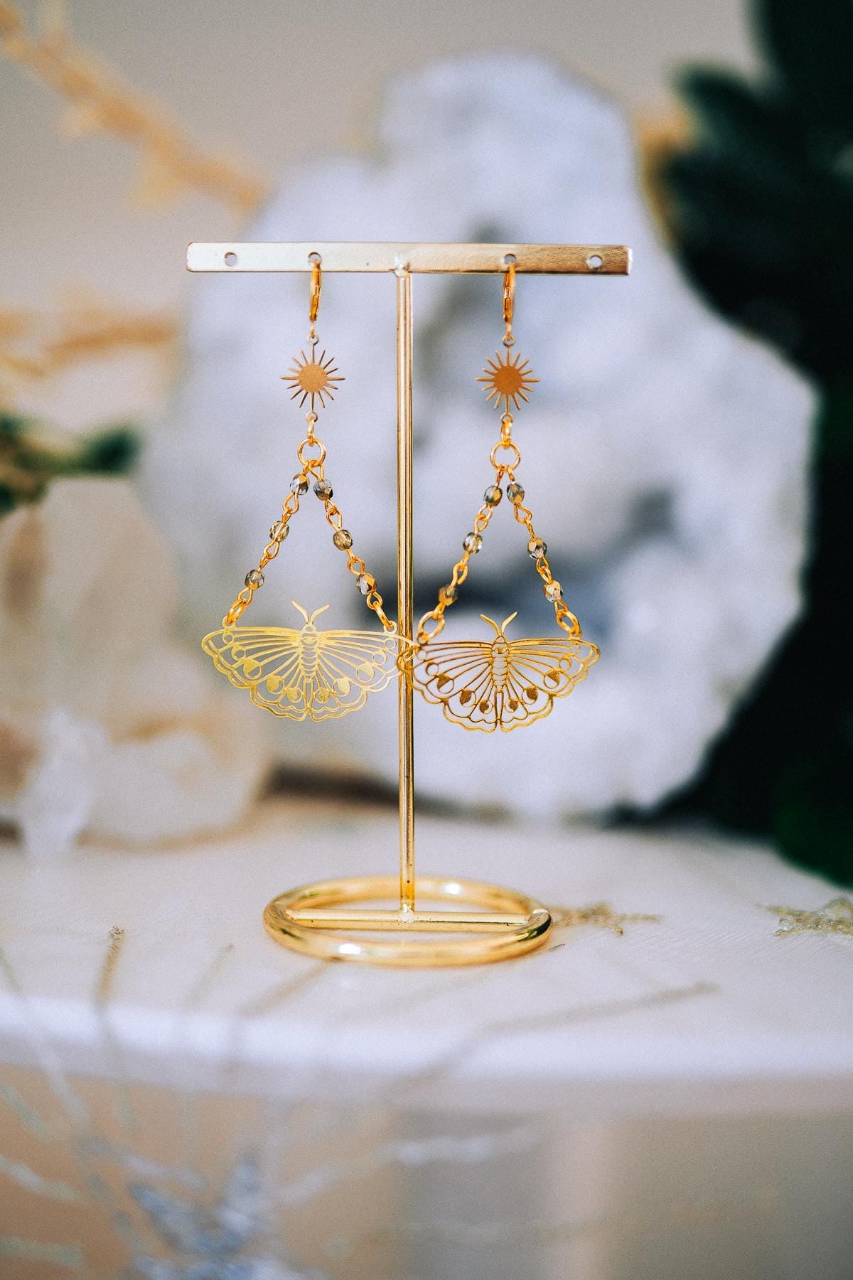 Golden Butterfly Drop Earrings Sunburst Crystal Chains Celestial Boho Jewelry
