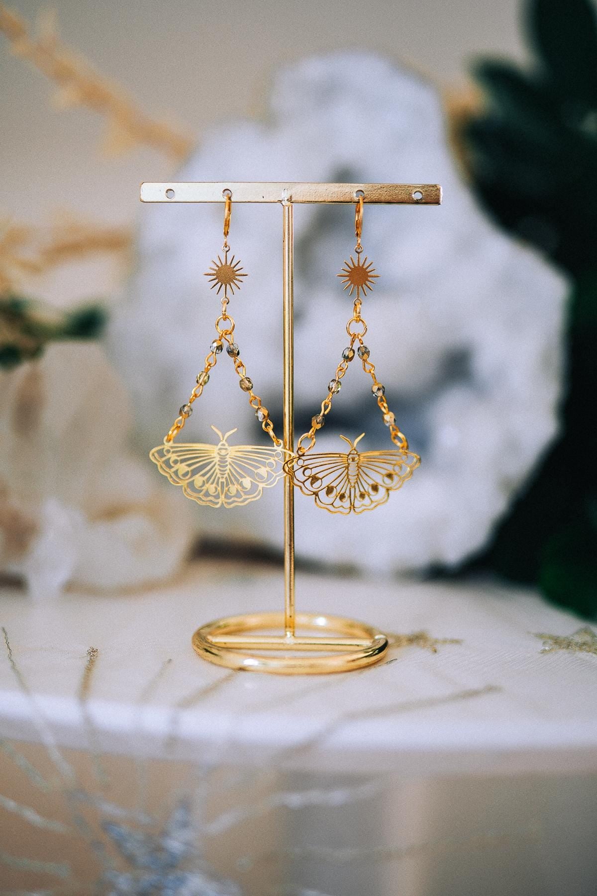 Golden Butterfly Drop Earrings Sunburst Crystal Chains Celestial Boho Jewelry