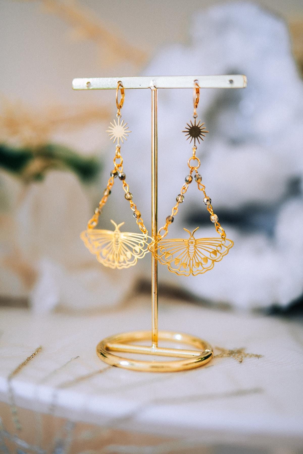 Golden Butterfly Drop Earrings Sunburst Crystal Chains Celestial Boho Jewelry