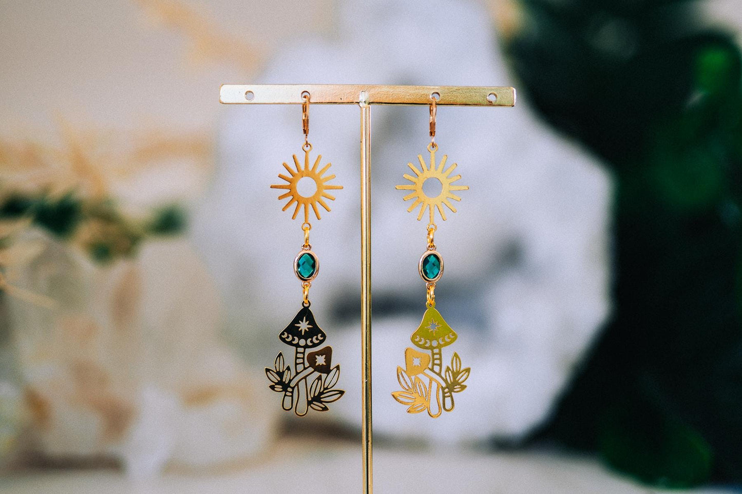 Golden Sun Mushroom Earrings Emerald Crystal Celestial Boho Jewelry