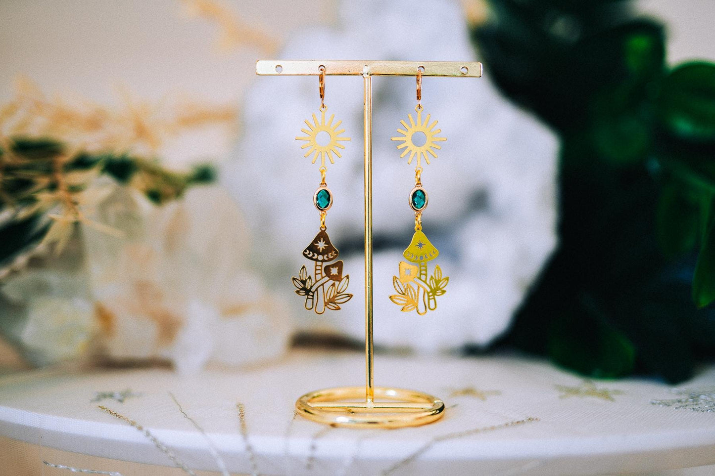 Golden Sun Mushroom Earrings Emerald Crystal Celestial Boho Jewelry