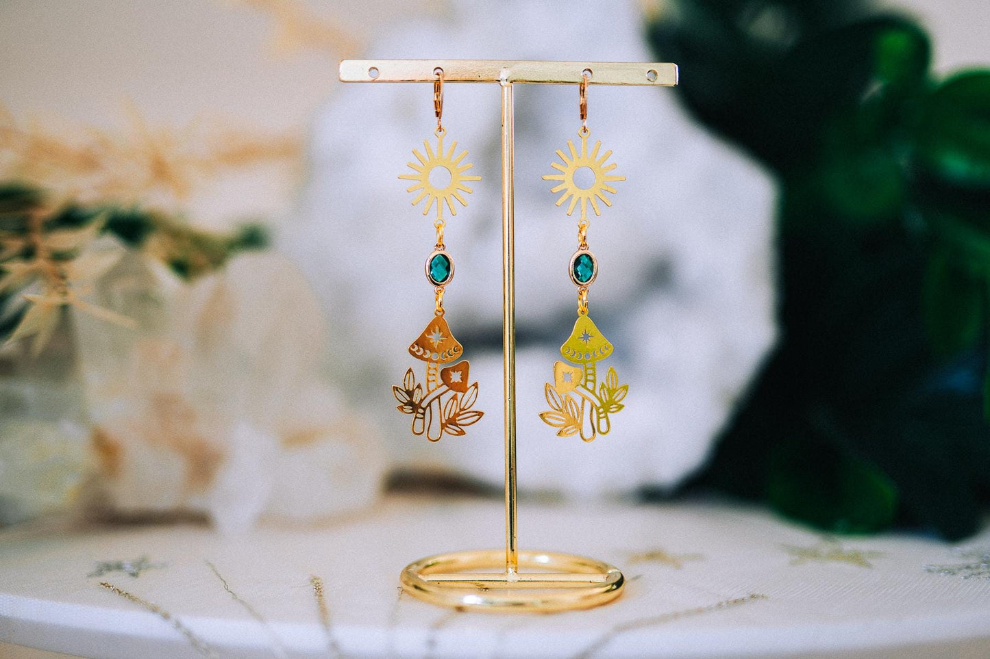 Golden Sun Mushroom Earrings Emerald Crystal Celestial Boho Jewelry